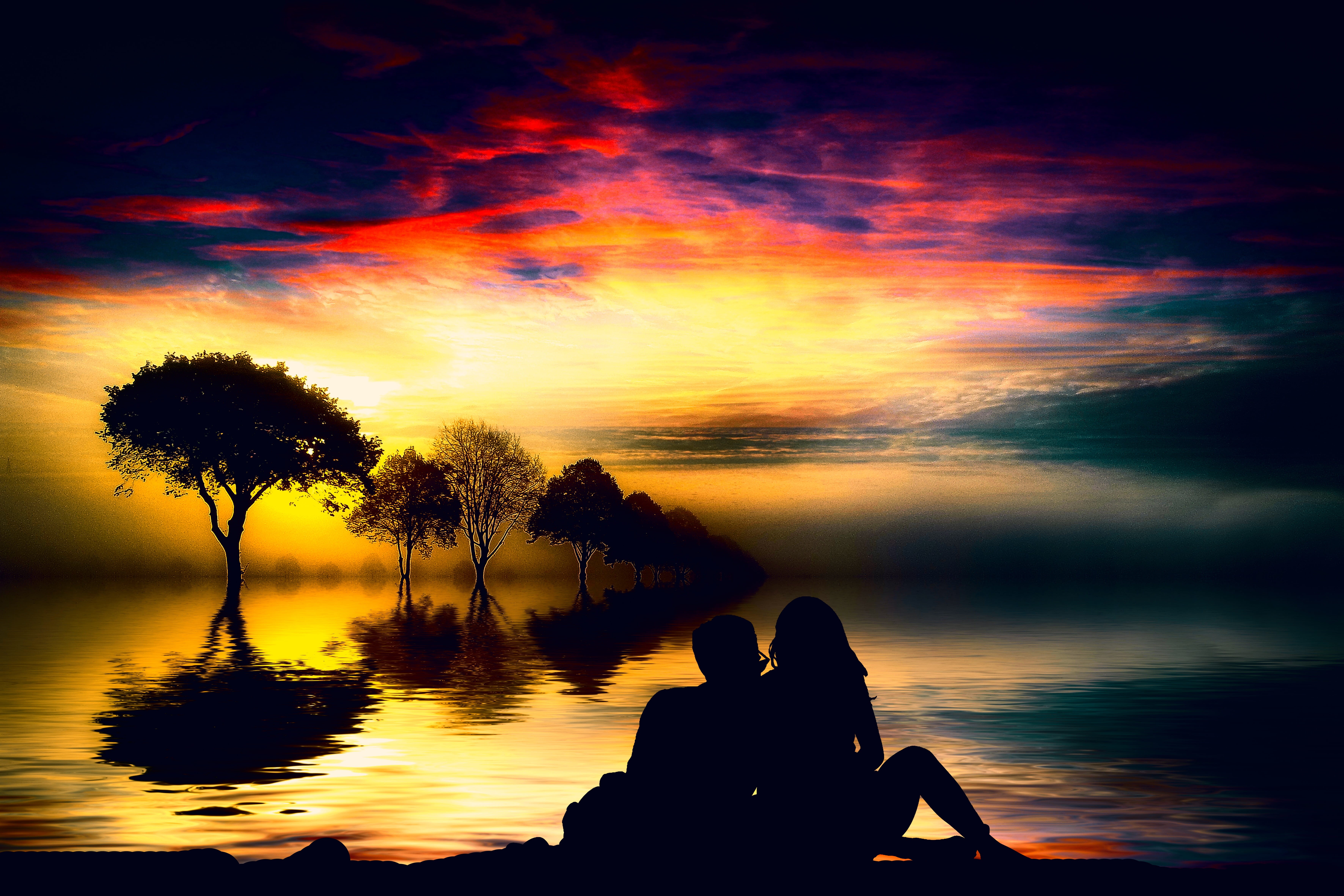 reflection, togetherness, orange color, cloud - sky, beauty in nature, sight-seeing, travel, dating, sky, romantic, scenics - nature, nature, tranquility, HD Wallpaper