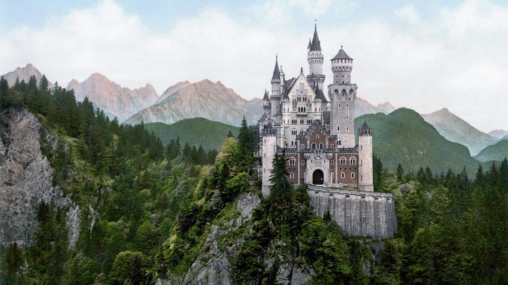 castle, building, place of worship, sky, mountain range, spirituality, knight, neuschwanstein, travel destinations, neuschwanstein castle, outdoors, plant, HD Wallpaper