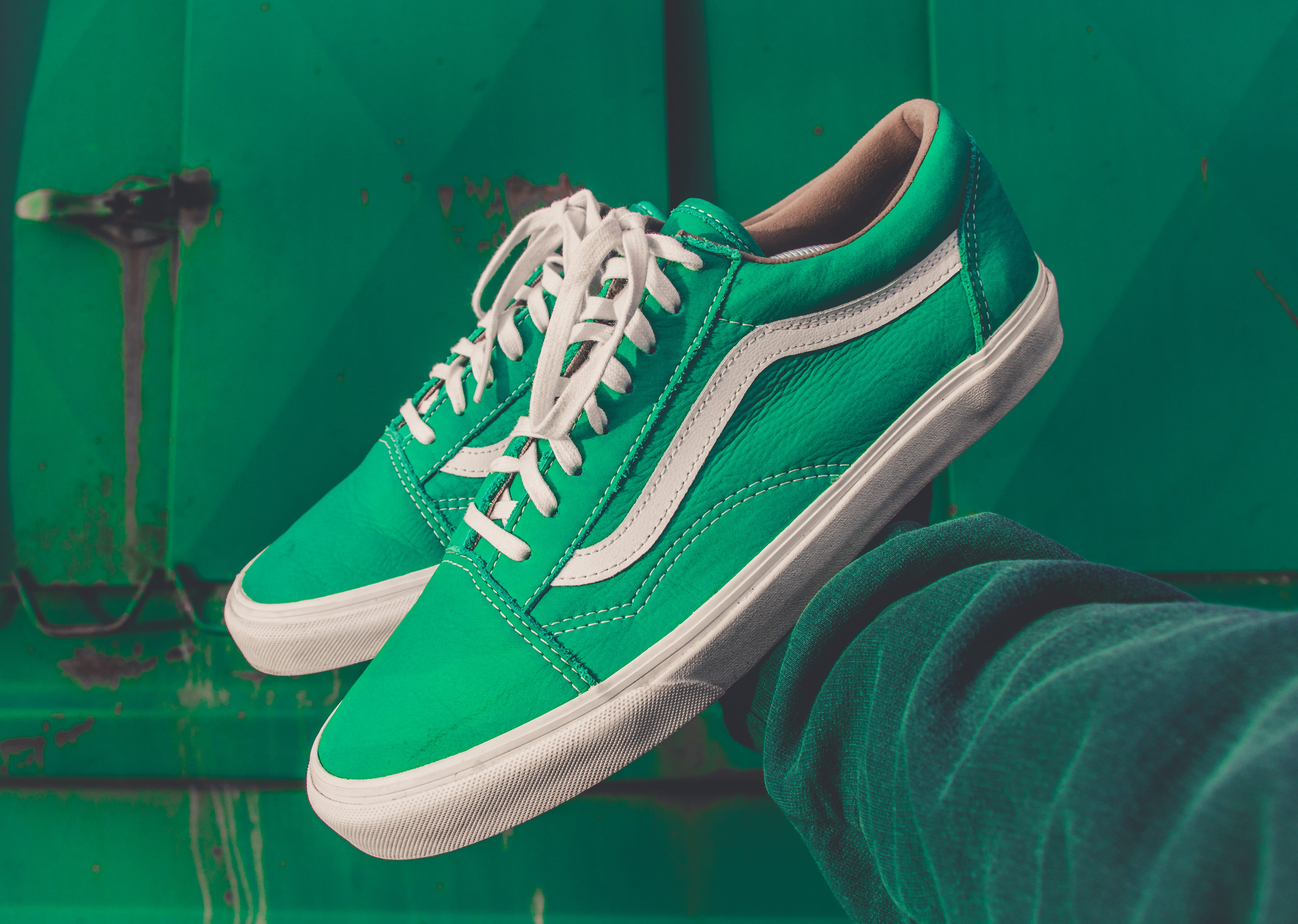 pair, white, shoes, authentic, sole of shoe, shoelace, hat, turquoise colored, clothing, textile, day, jeans, holding, green color, person, green, low section, HD Wallpaper