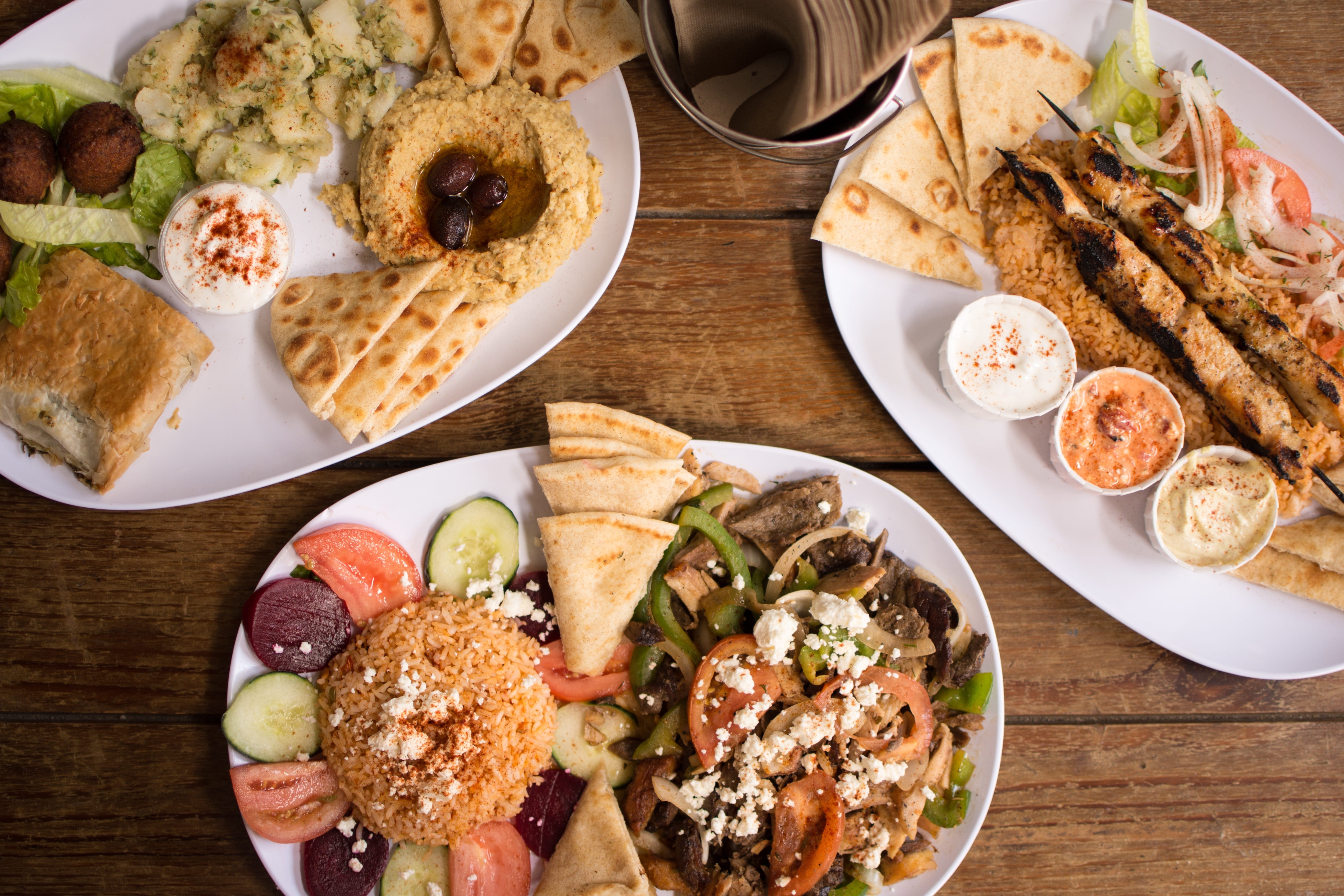 plates, food and drink, choice, bowl, greek rice, greek food, no people, white, directly above, healthy eating, ceramic, fruit, food, meat, freshness, wellbeing, HD Wallpaper