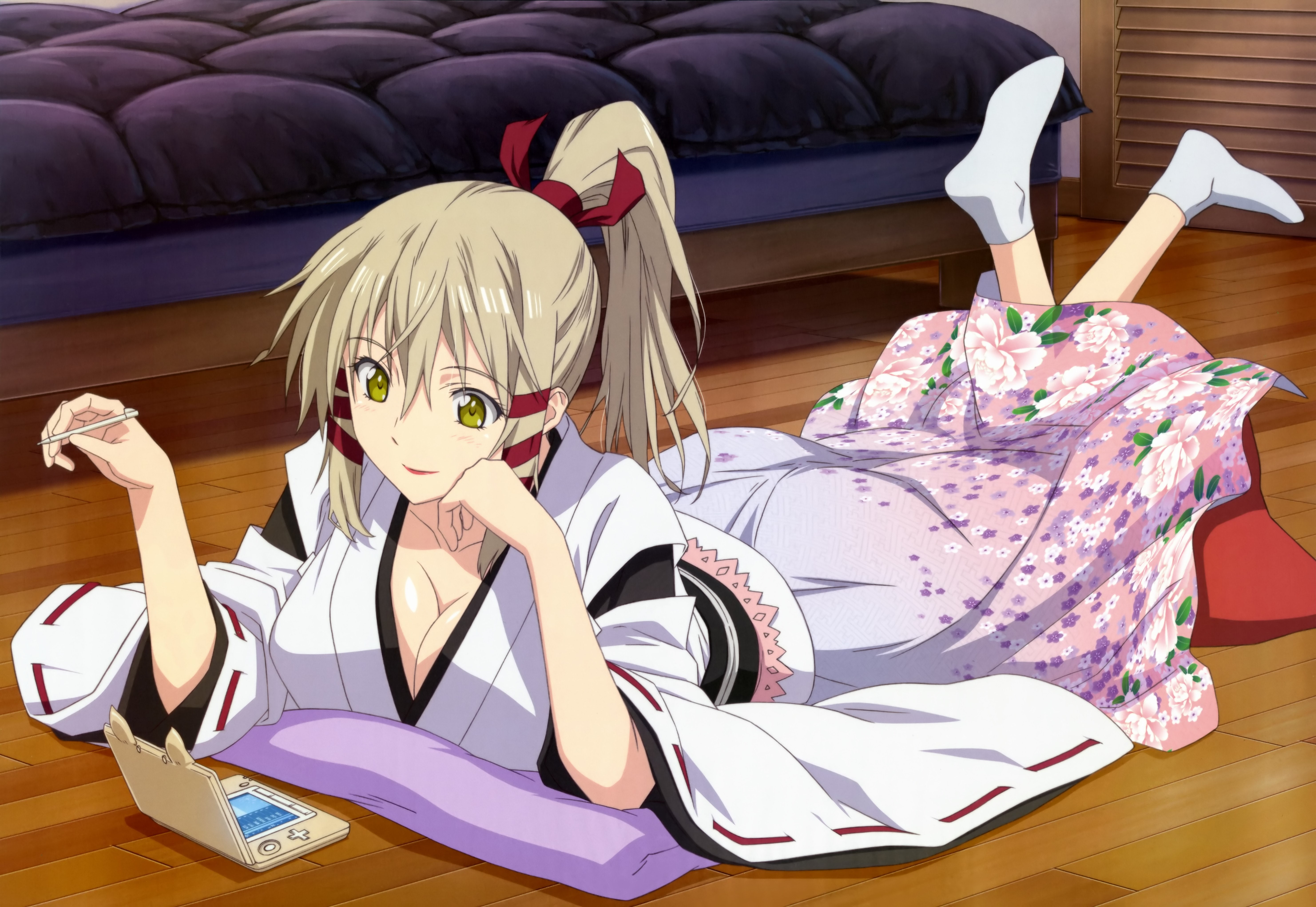 eyes, cleavage, japanese, kami, socks, clothes, konkon, blonde, nyantype, inari, koi, ponytail, long, yellow, iroha, hair, scan, 5K, ukanomitama, HD Wallpaper