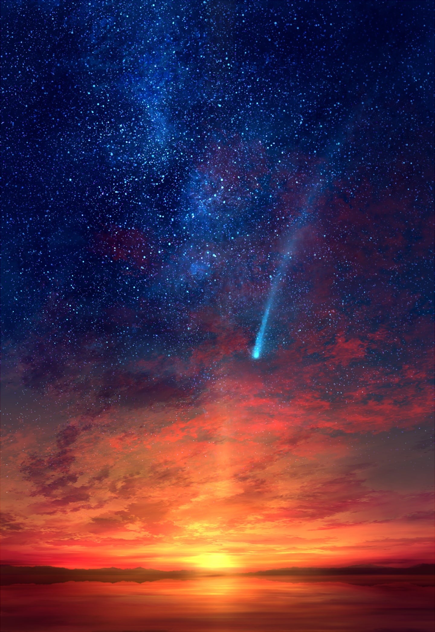 red, original, scan, stars, 1080P, anime, sky, clouds, blue, landscape, Phone HD Wallpaper