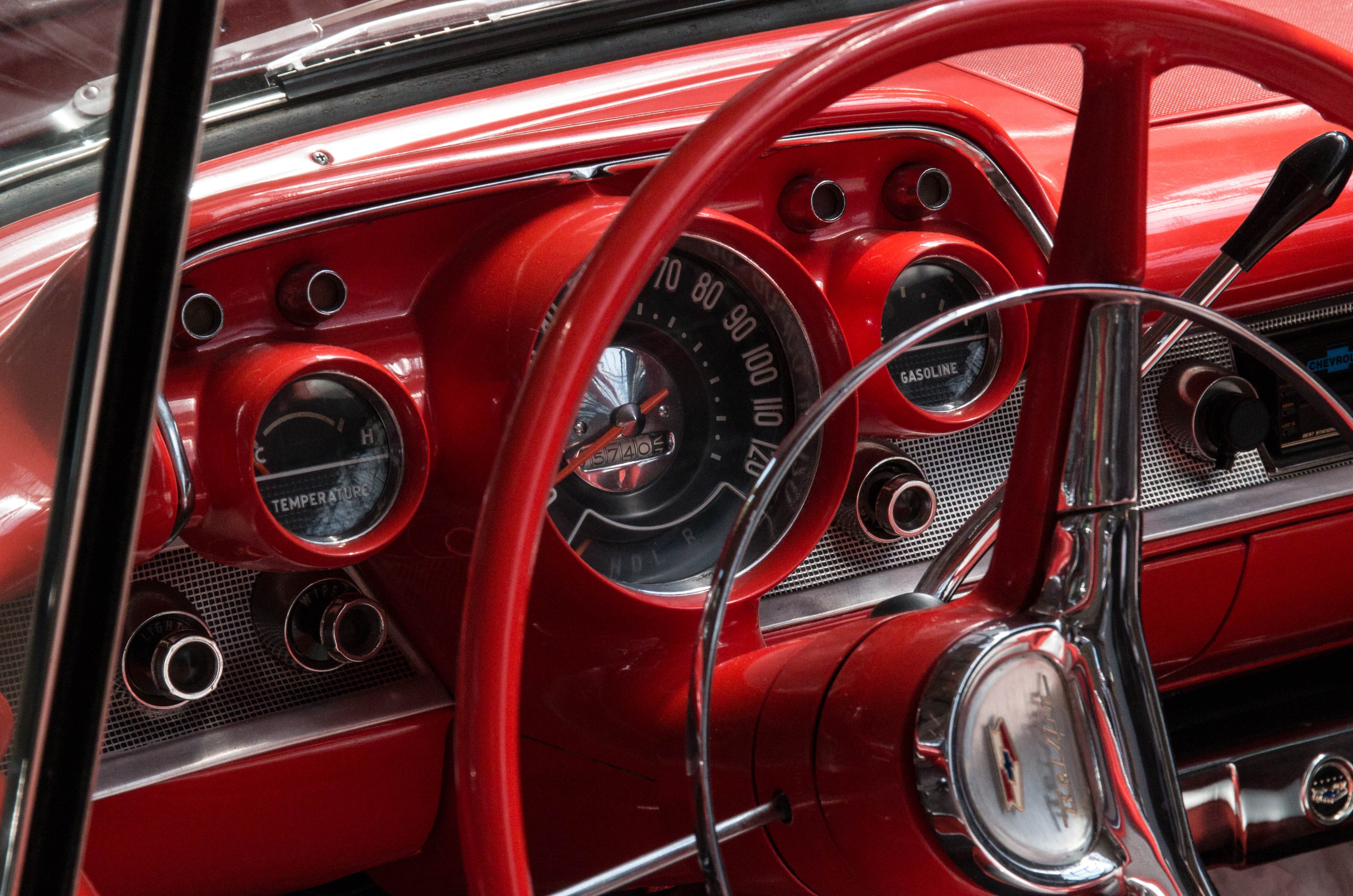 wheel, classic, auto, close-up, ad, old, dashboard, day, red, outdoors, speed display, vintage car, kilometer display, fuel gauge, speedo, land vehicle, HD Wallpaper