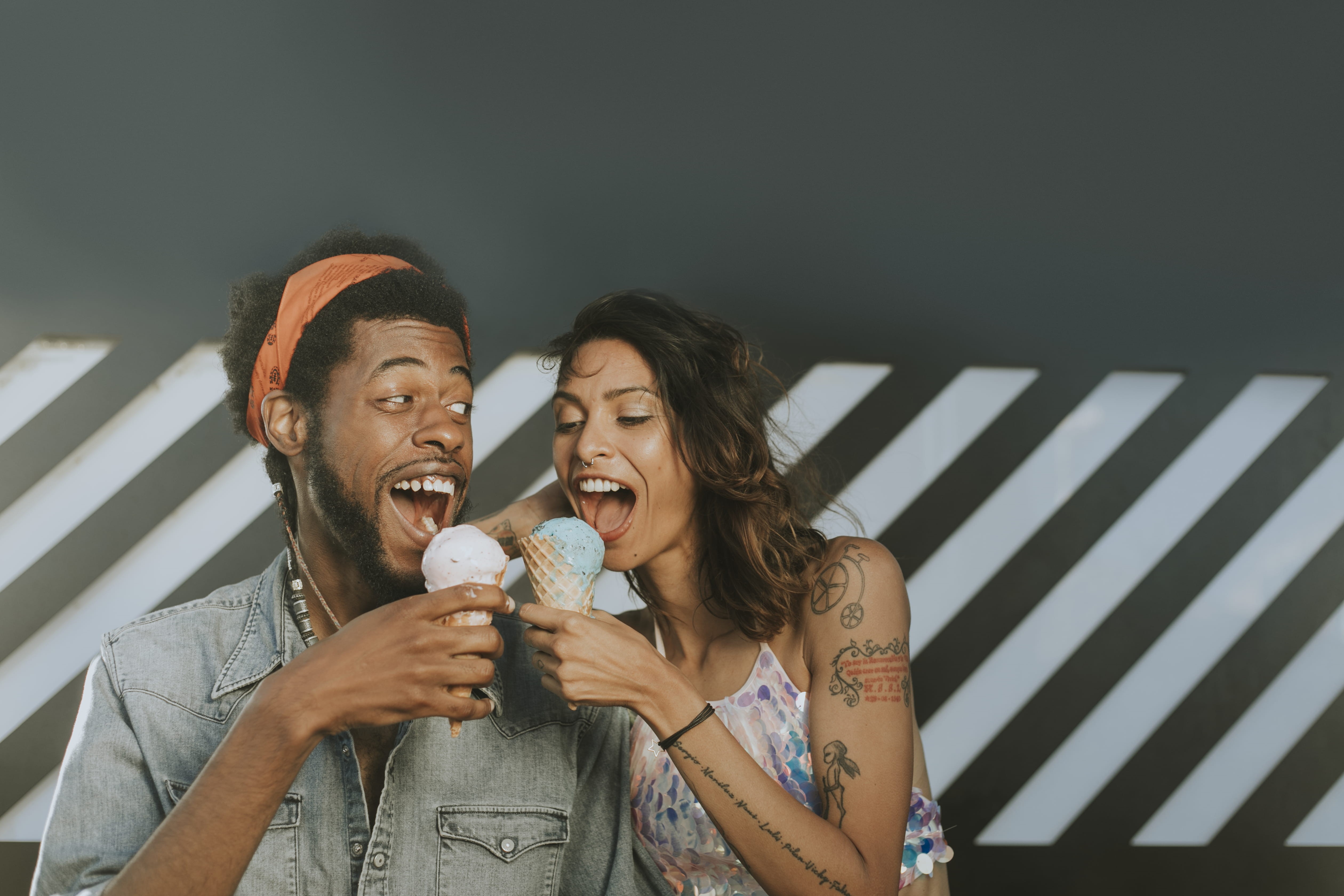 love, enjoy, smile, share, adult, mouth open, couple, headband, women, men, summer, crop top, tattoo, playful, food and drink, joyful, enjoyment, young adult, HD Wallpaper