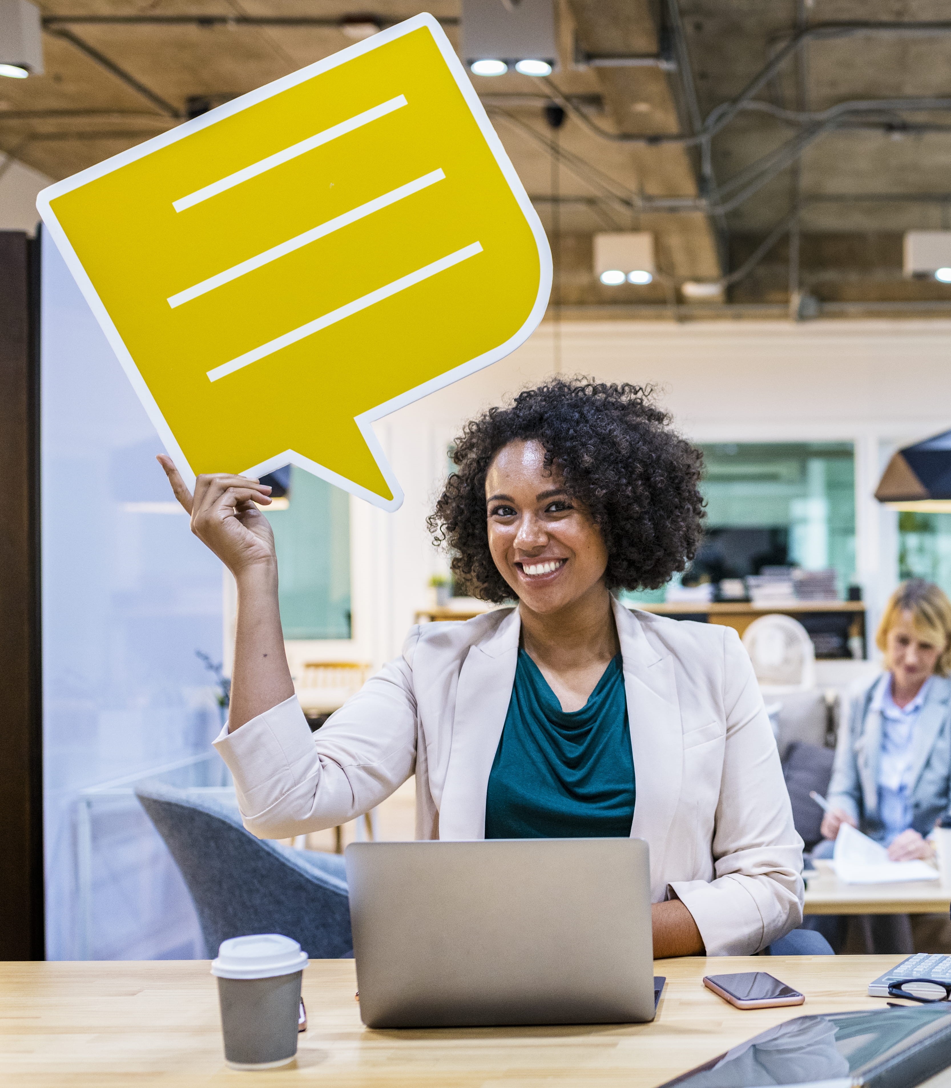 desk, business person, smiling, communication, urban, table, happy, indoors, working, using laptop, laptop, real people, multicultural, adult, speech bubble, Phone HD Wallpaper