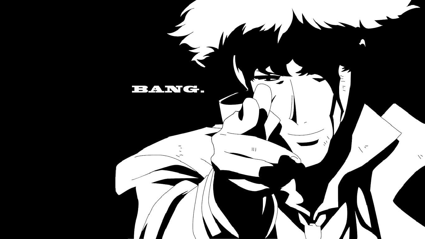 text, male, western script, indoors, Spike Spiegel, anime boys, black background, studio shot, close-up, anime, monochrome, no people, creativity, character, HD Wallpaper