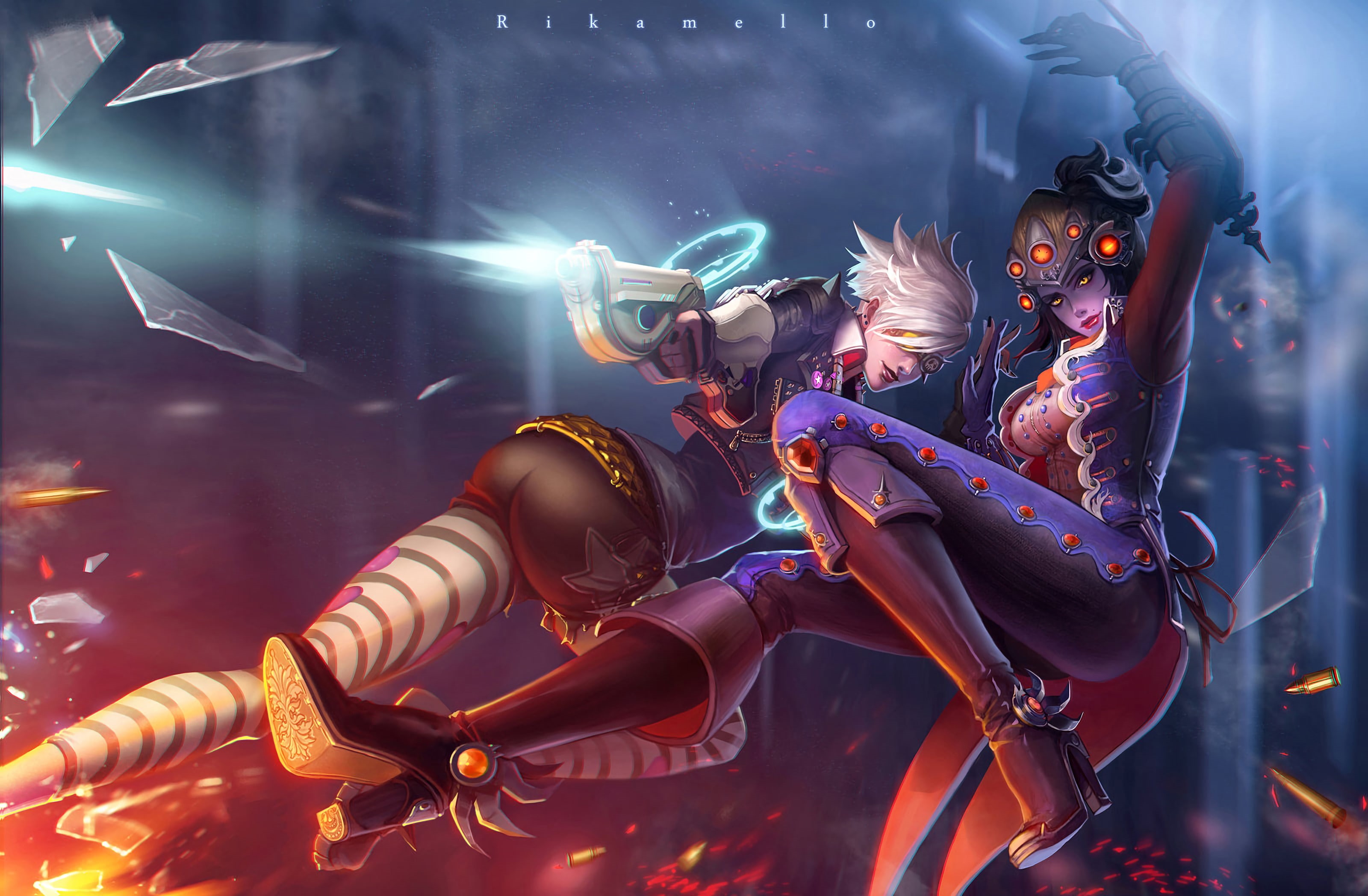 Widowmaker (Overwatch), Amélie Lacroix, yellow eyes, Overwatch, video game girls, Tracer (Overwatch), black hair, gun, visors, video games, 2K, white hair, HD Wallpaper