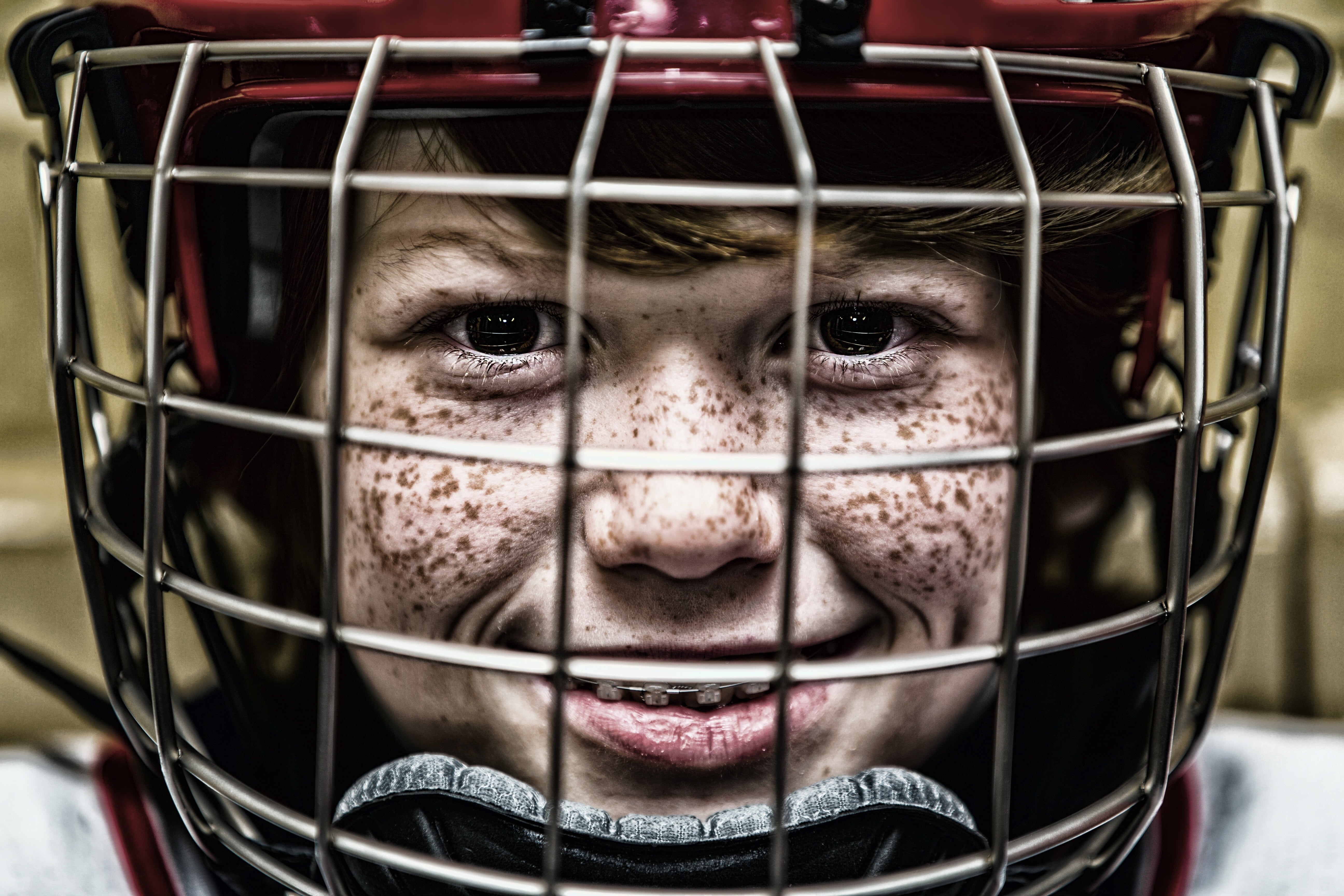 one person, grid, helmet, looking at camera, 5K, body part, humor, bizarre, distorted, emotion, close-up, horror, fear, black, adult, human body part, HD Wallpaper