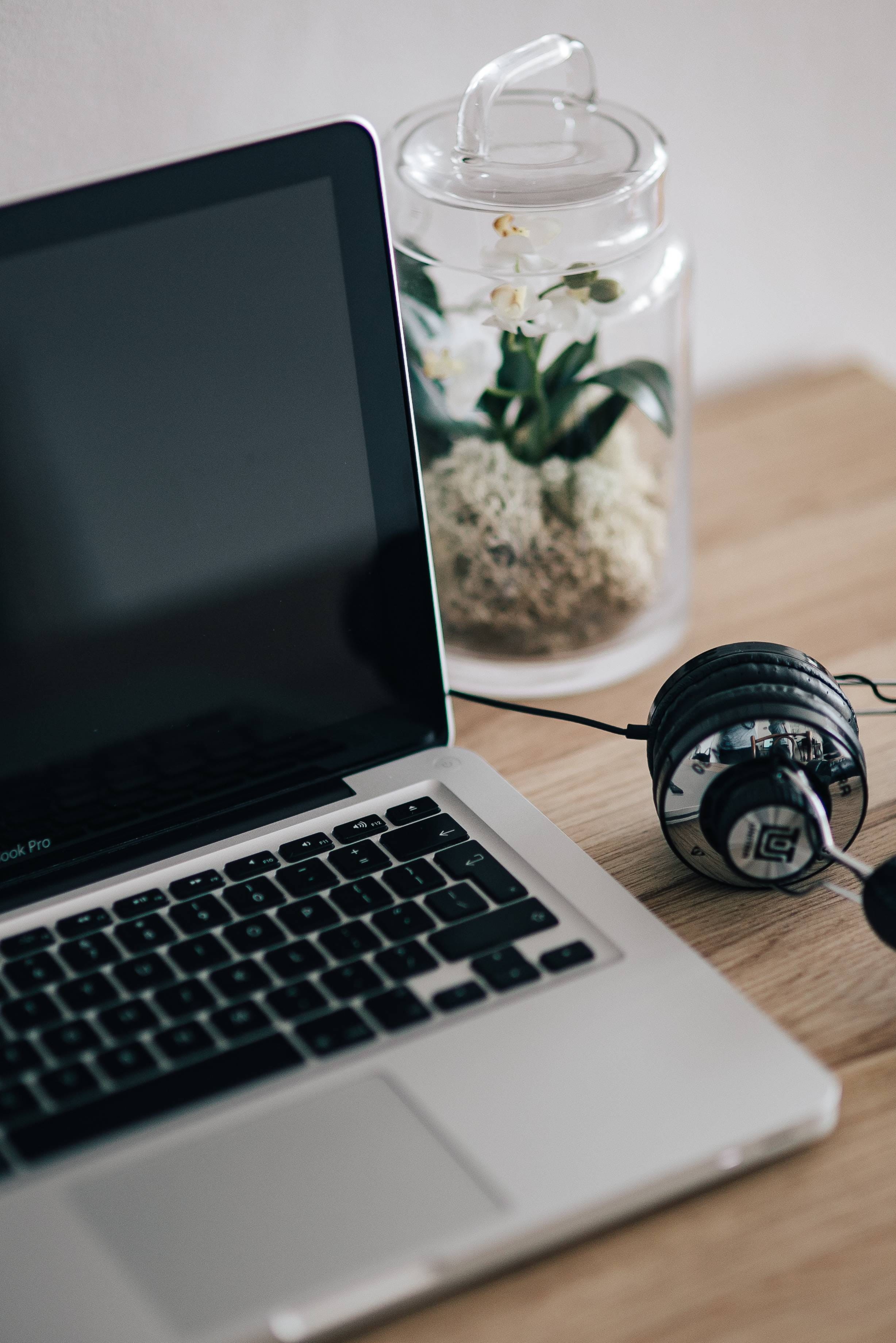 MacBook Pro, selective focus, still life, computer, mac, 2K, pro, internet, macbook, plant, keyboard, high angle view, headphones, wood - Material, business, Phone HD Wallpaper