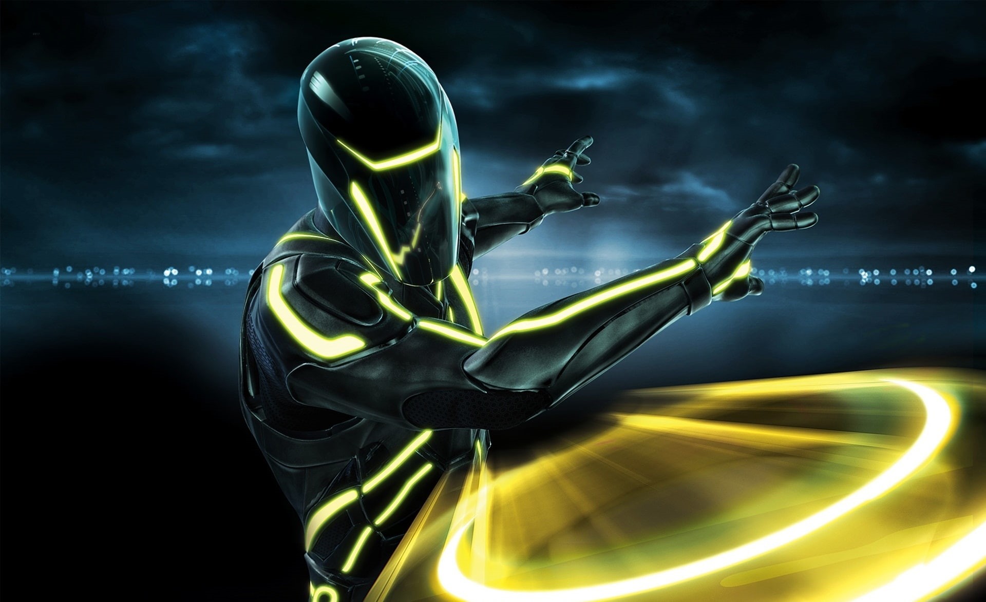 adult, communication, technology, illuminated, Tron, 1080P, black background, motion, outdoors, sport, blurred motion, nature, Evolution, Tron Legacy, HD Wallpaper