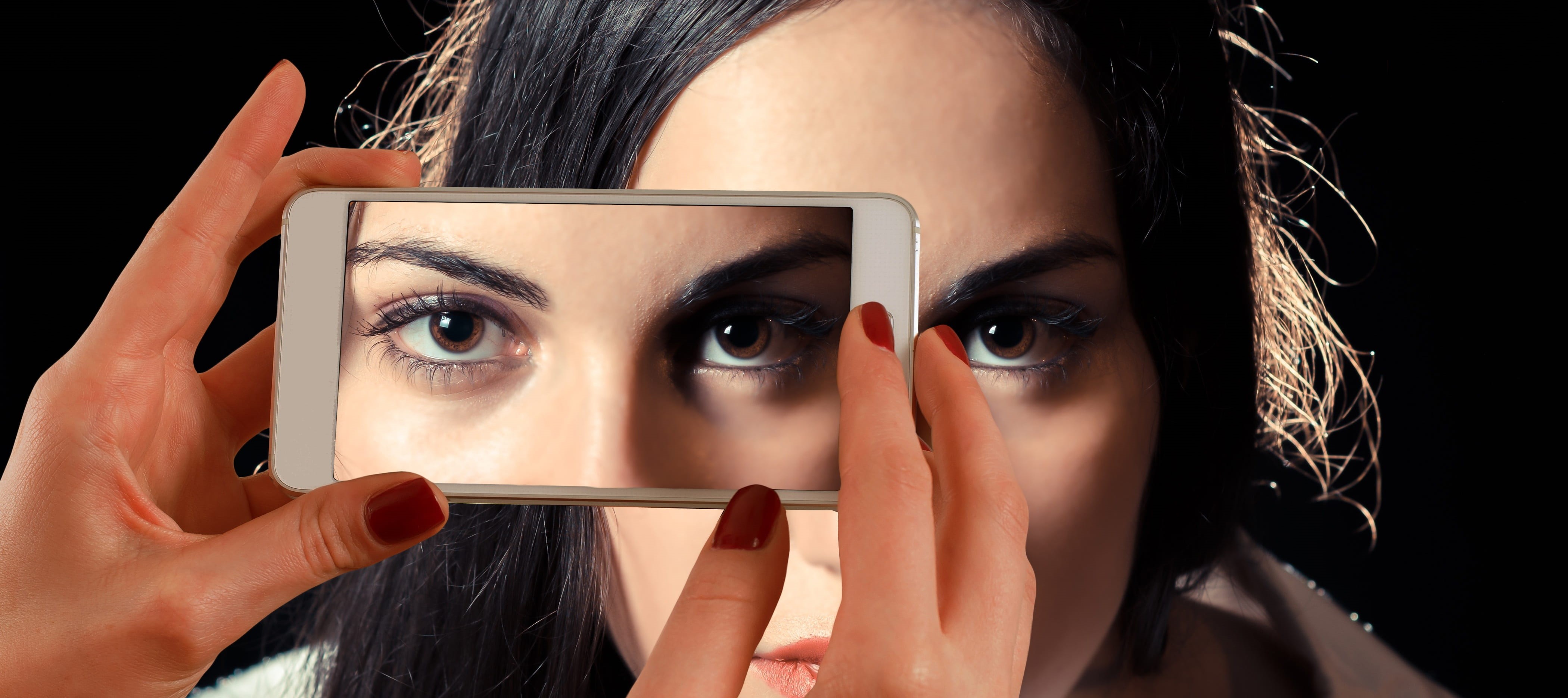 human body part, mobile phone, one person, make-up, camera, view, human face, 4K, beauty, media, young adult, woman, face, girl, studio shot, double, human eye, HD Wallpaper