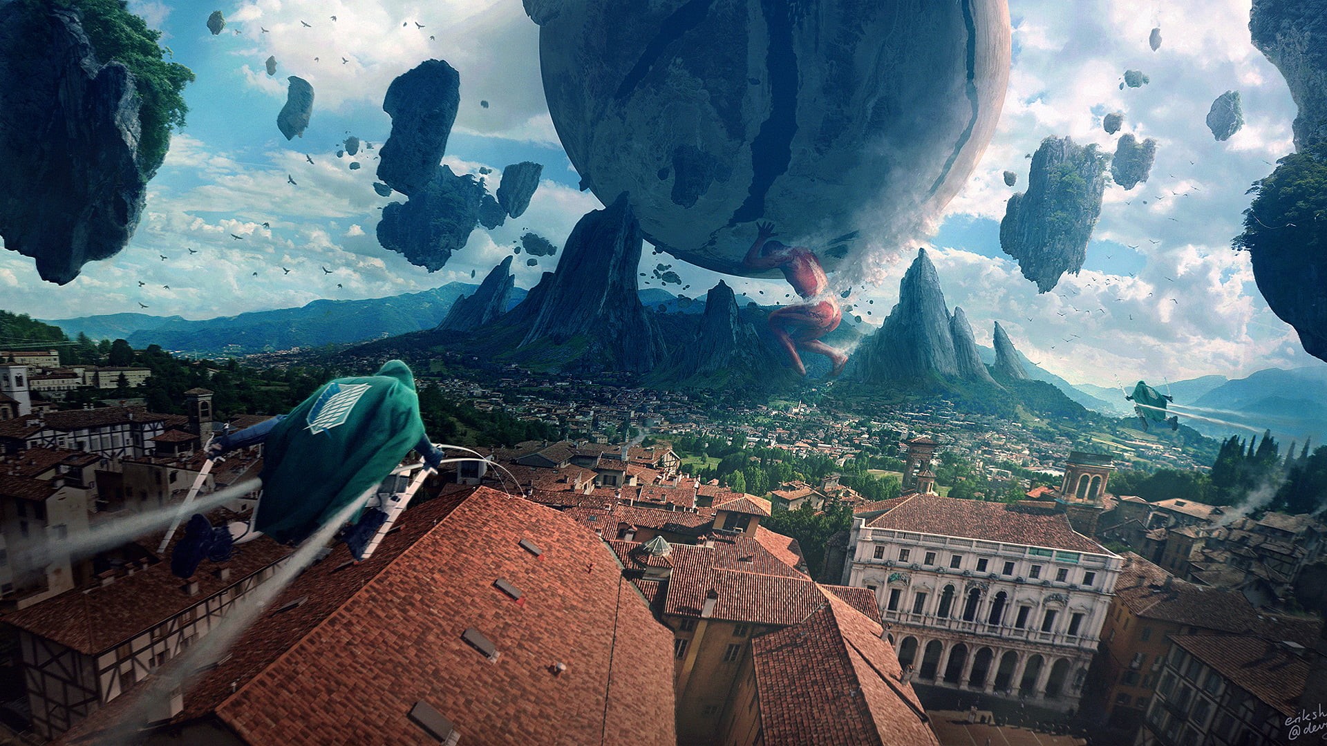 giant, Erik Shoemaker, 1080P, Boulder, artwork, landscape, Shingeki no Kyojin, manga, clouds, digital art, Attack on Titans, cityscape, birds, HD Wallpaper
