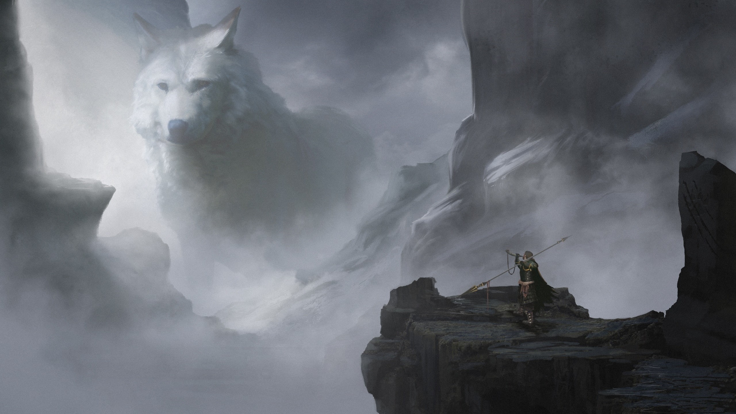 giant, warrior, Wolf, illustration, 2K, fantasy art, mountains, HD Wallpaper