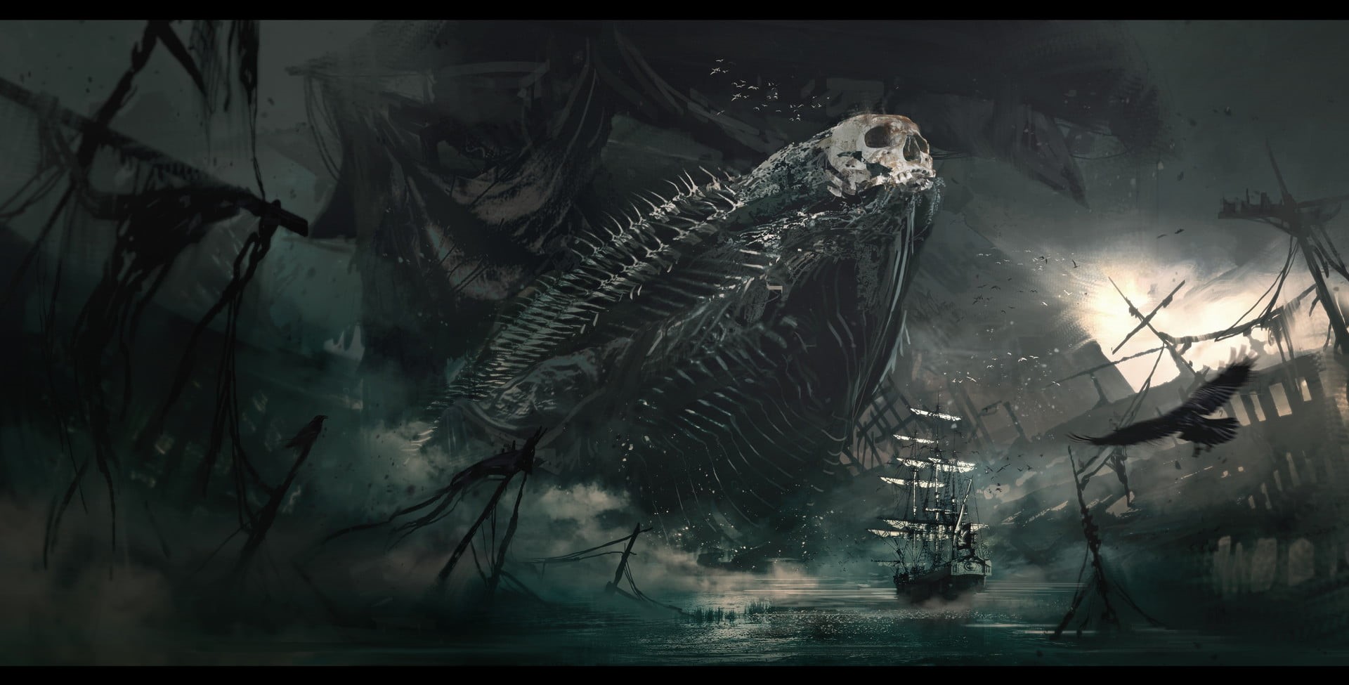 shipwreck, 1080P, leviathan, fantasy art, HD Wallpaper
