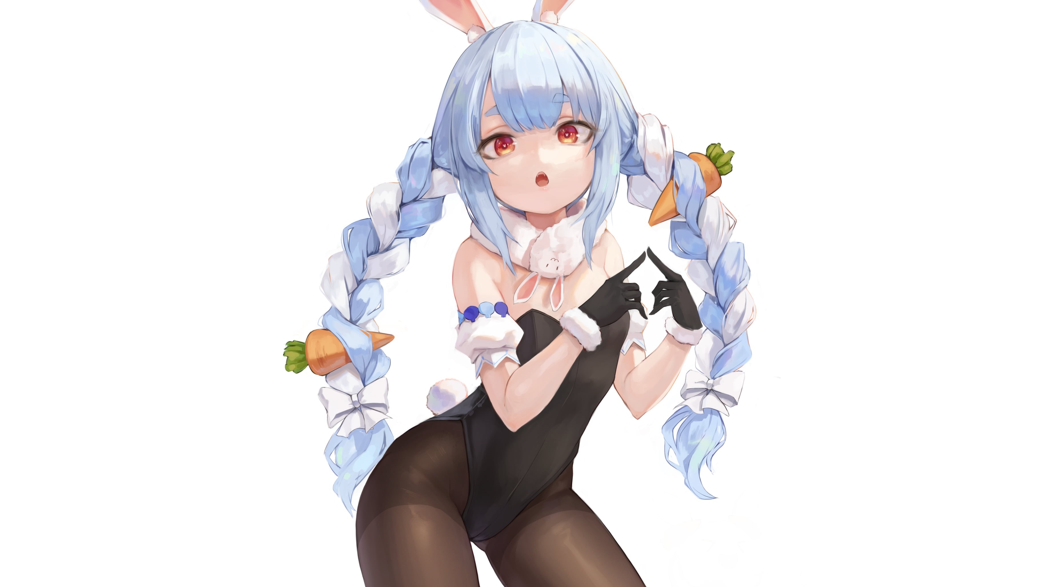 looking at viewer, anime, bunny costume, red eyes, 2K, Leviathan(Artists), anime girls, Usada Pekora, pantihose, Hololive, collar, simple background, blue hair, HD Wallpaper