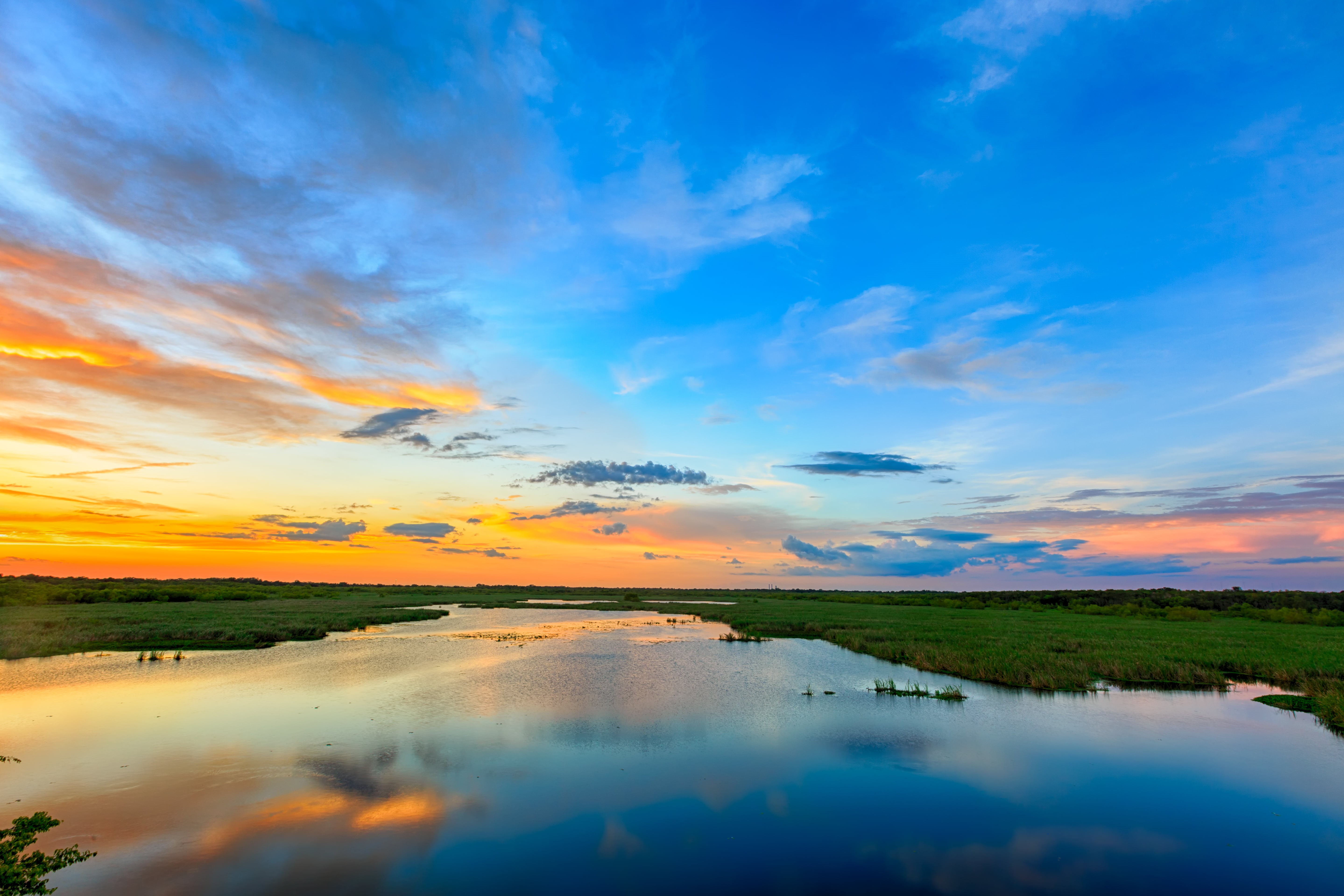 scenics, reflection, lake, near, grass field, Expanse, body, green grass, grass, 5K, sky, water, nature, summer, blue, cloud - Sky, brazos, sunset, outdoors, HD Wallpaper