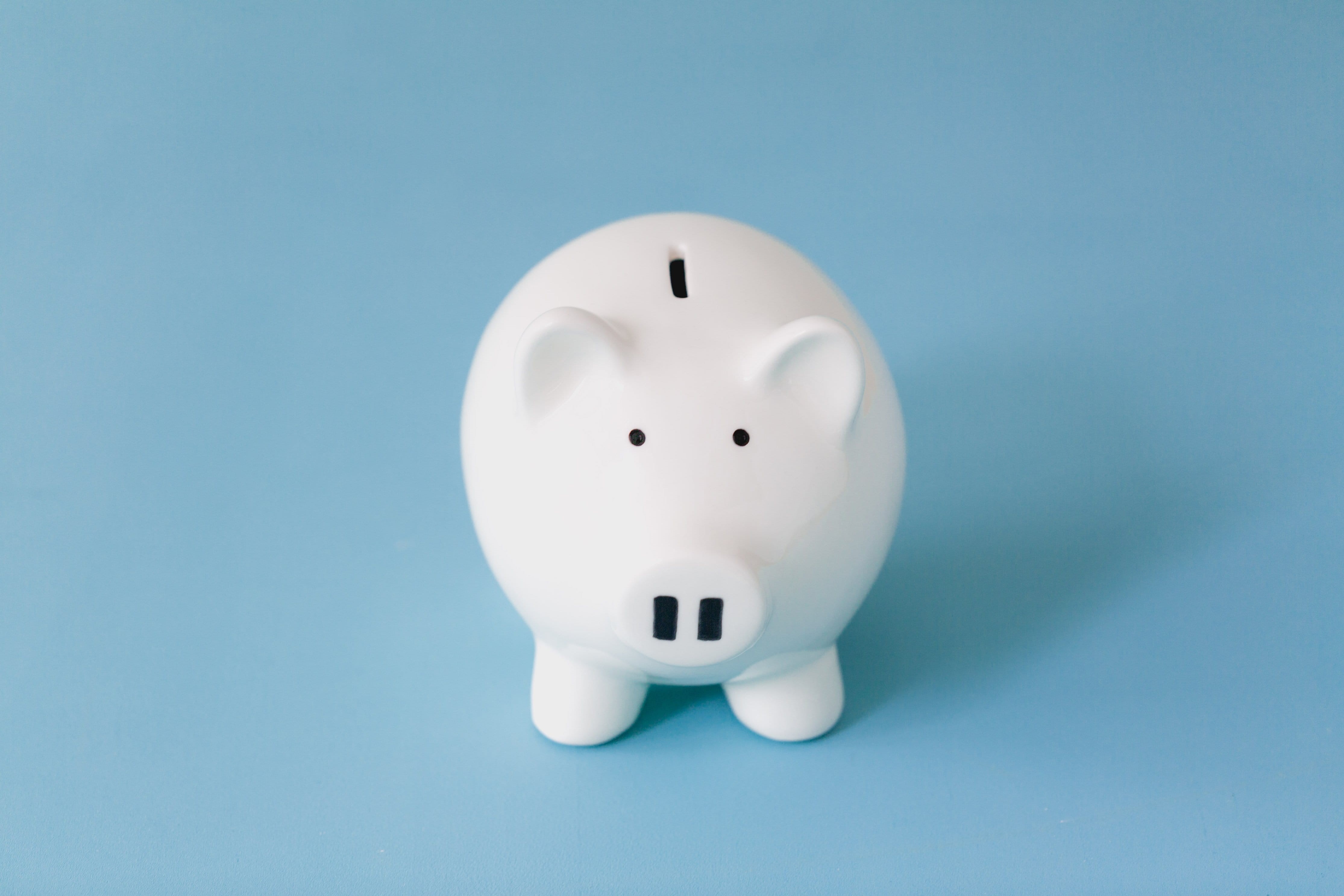 savings, 4K, no people, photo, coin bank, piggy, Money, studio shot, white color, dollar sign, debt, blue, finance, consumerism, banking, blue background, HD Wallpaper