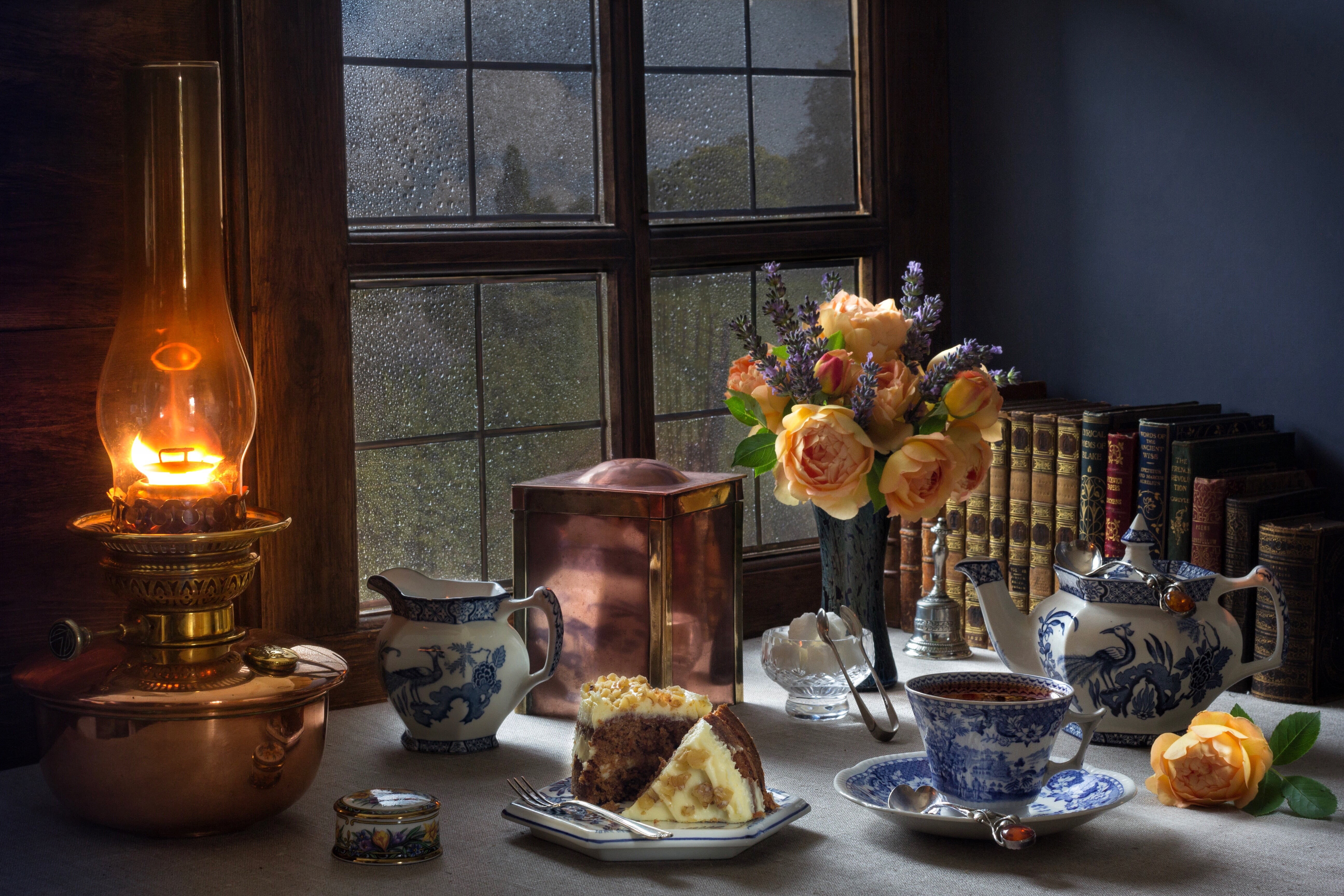 tea, candle, food, flame, flowering plant, burning, glass, flowers, still life, fire, plant, roses, arrangement, bouquet, 5K, nature, food and drink, kitchen utensil, HD Wallpaper