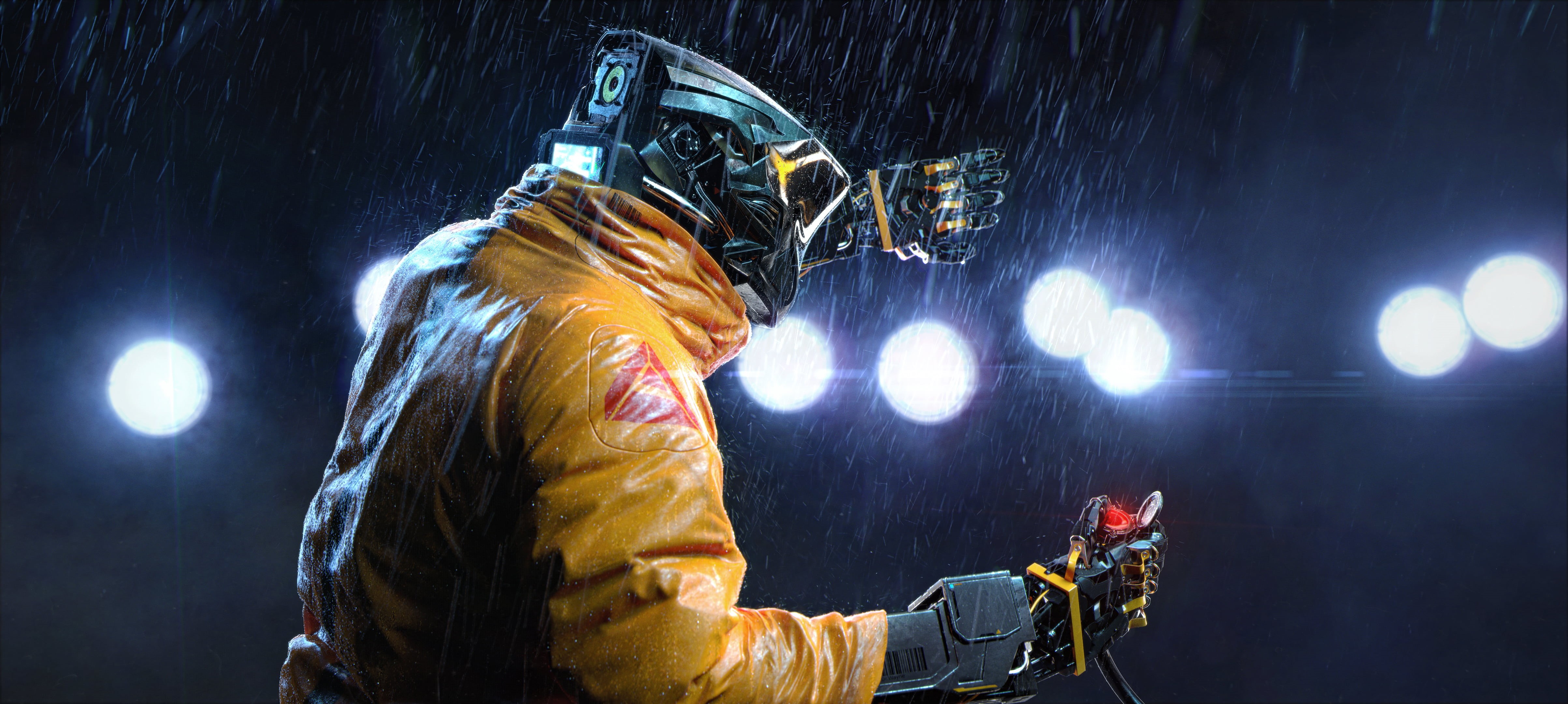 CGI, lights, artwork, 3D, ultra-wide, science fiction, Romain Chauliac, 4K, robot, yellow jacket, digital art, rain, jacket, night, cyberpunk, realistic, HD Wallpaper