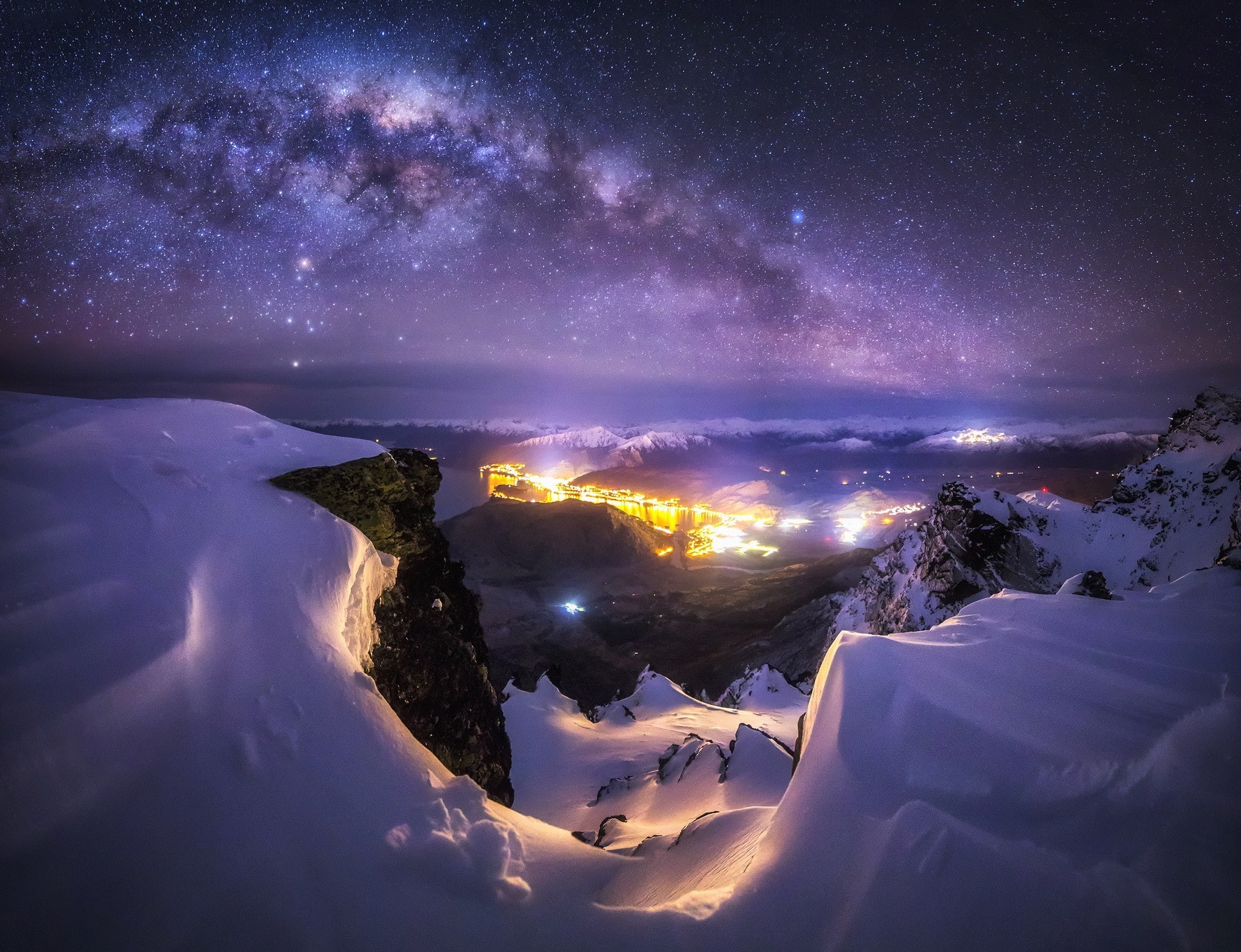 mountains, landscape, nature, city, winter, snow, 1080P, Queenstown, starry night, lights, Milky Way, long exposure, New Zealand, galaxy, HD Wallpaper