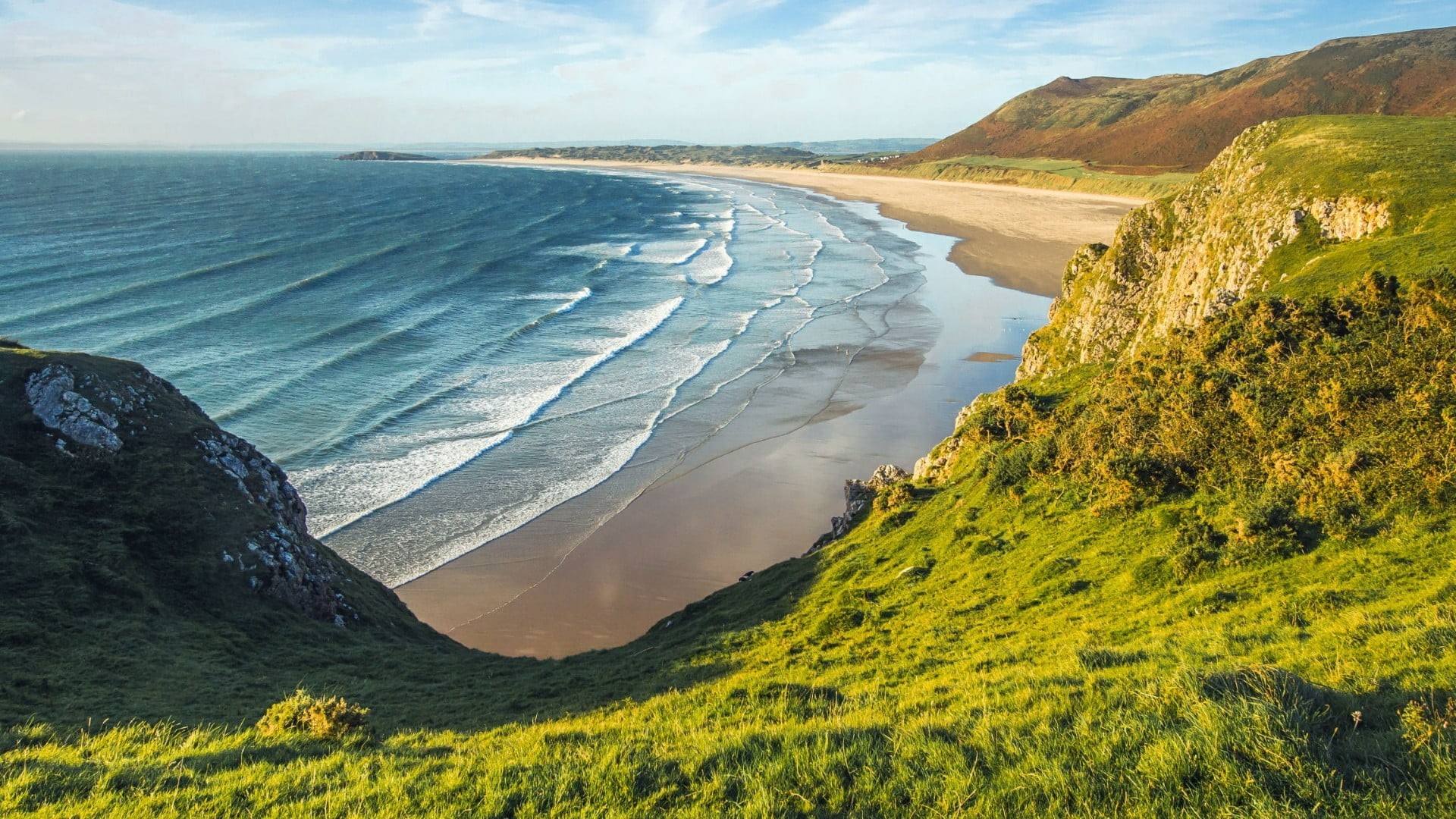 tranquil scene, gower, non-urban scene, travel destinations, idyllic, united kingdom, cloud - sky, headland, mountain, 1080P, national trust rhossili and south gower coast, HD Wallpaper