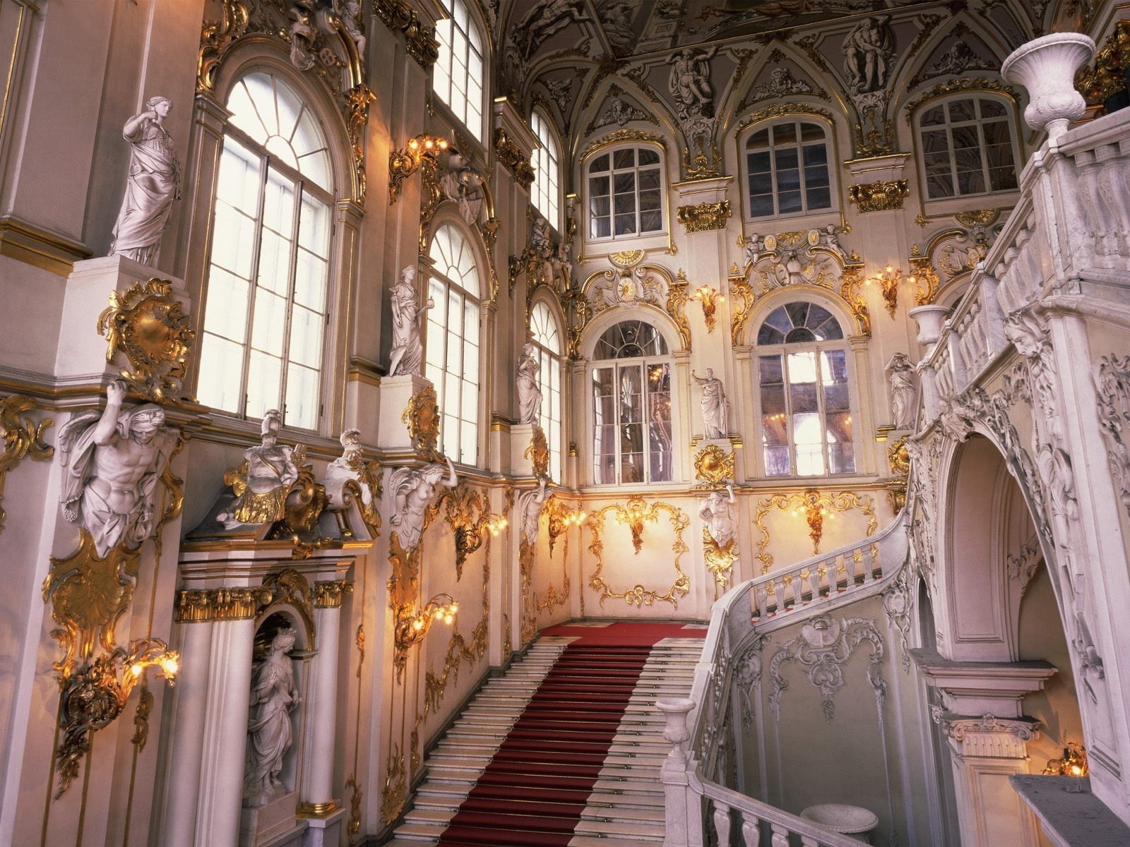 place of worship, mural, arch, built structure, outdoors, belief, the past, staircase, architecture, statue, museum, window, Baroque, 720P, religion, luxury, HD Wallpaper