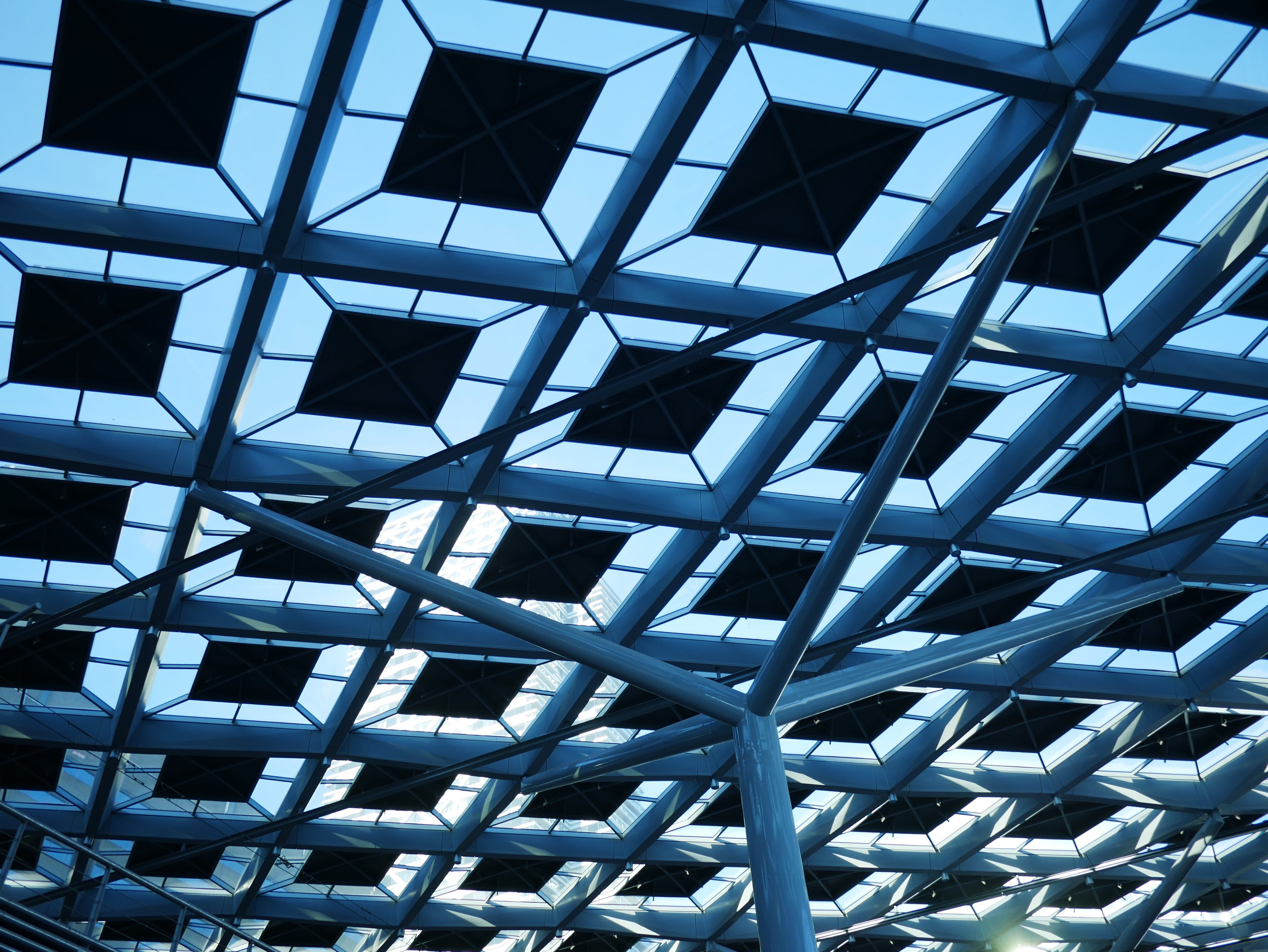 roof, architecture, pattern, 4K, building exterior, design, blue, cashier cs, outdoors, geometric shape, no people, low angle view, glass, day, close-up, HD Wallpaper