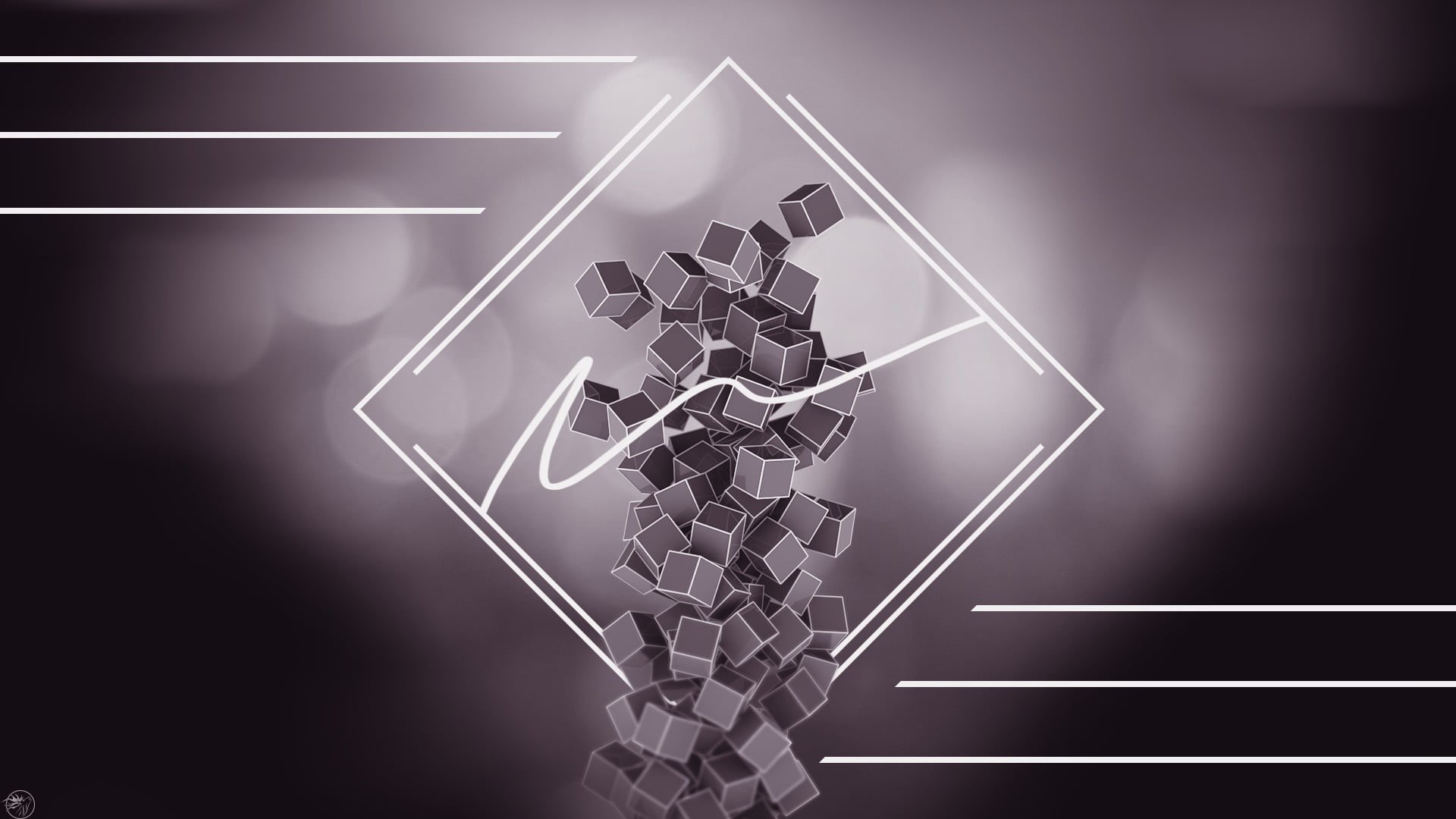 glowing, cubism, nature, night, digital art, connection, cube, lines, architecture, light - natural phenomenon, geometry, 1080P, design, science, art and craft, HD Wallpaper