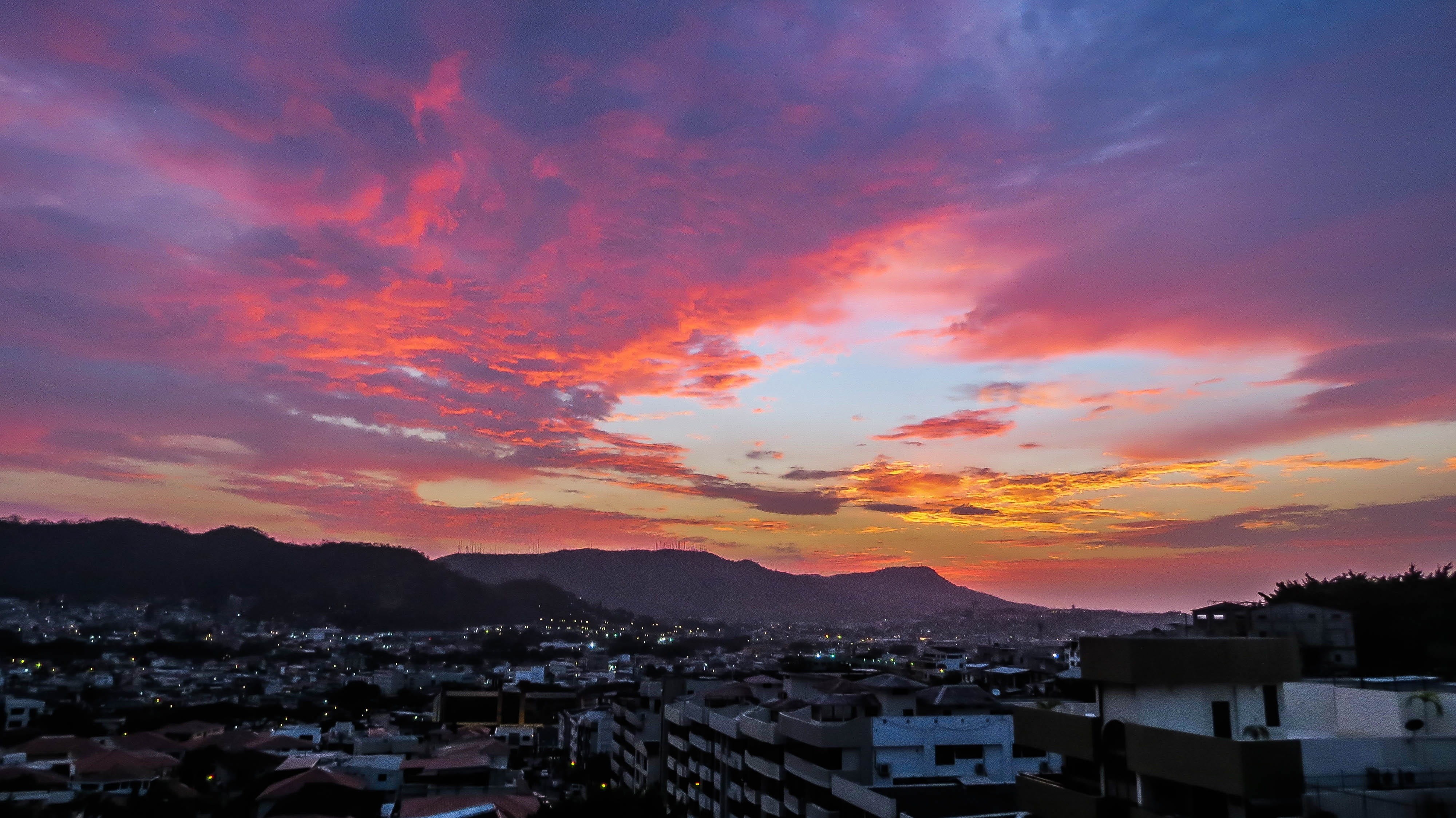 townscape, outdoors, dramatic sky, high angle view, city life, orange, 4K, cloud - sky, houses, dusk, village, beauty in nature, sky, cityscape, building, HD Wallpaper