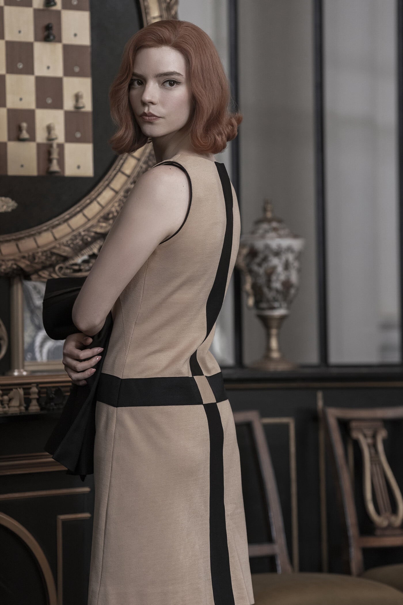standing, redhead, closed mouth, Netflix TV Series, women, young woman, screen shot, TV Series, actress, The Queens Gambit, celebrity, chess, 1080P, Beth Harmon, Phone HD Wallpaper