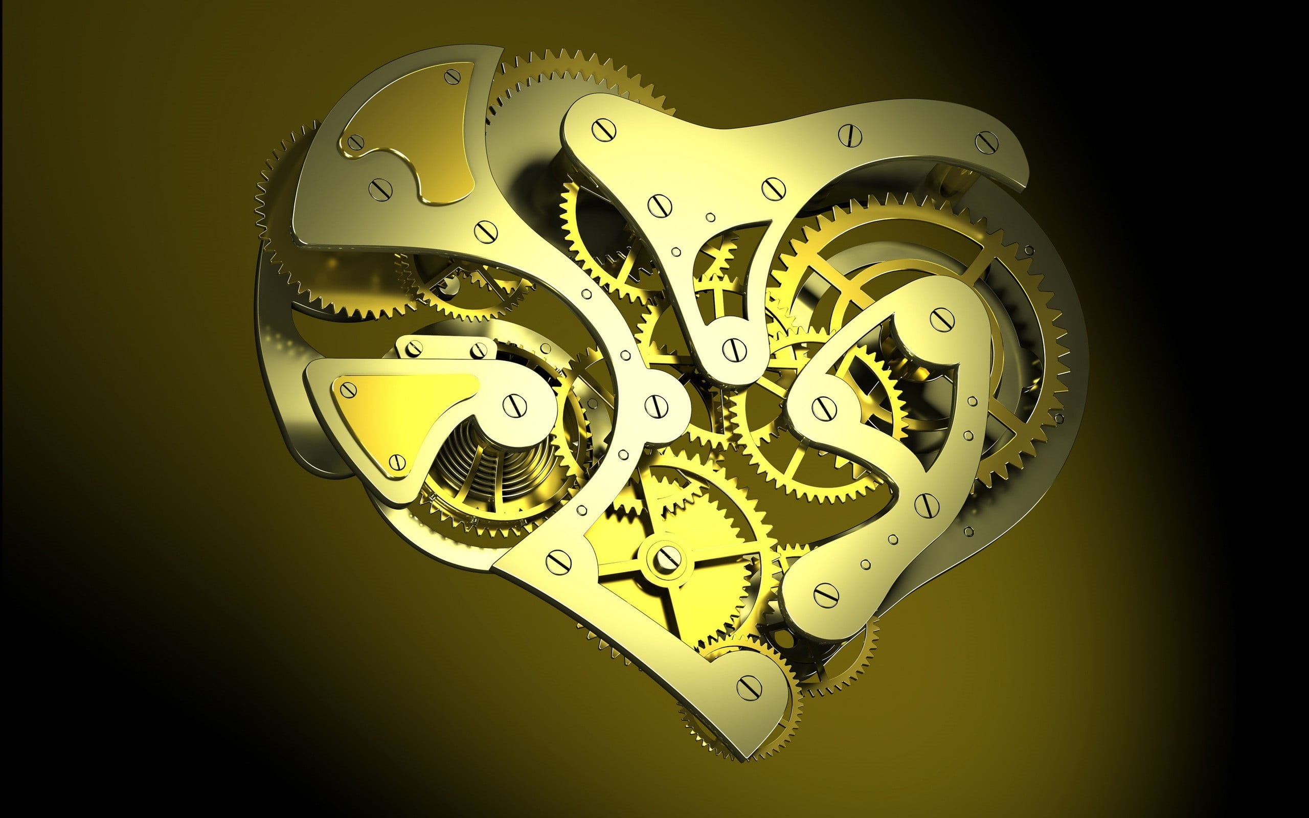 accuracy, clocks, screw, heart, gear, equipment, clock, machine part, indoors, gradient, circle, still life, studio shot, black background, CGI, minimalism, HD Wallpaper