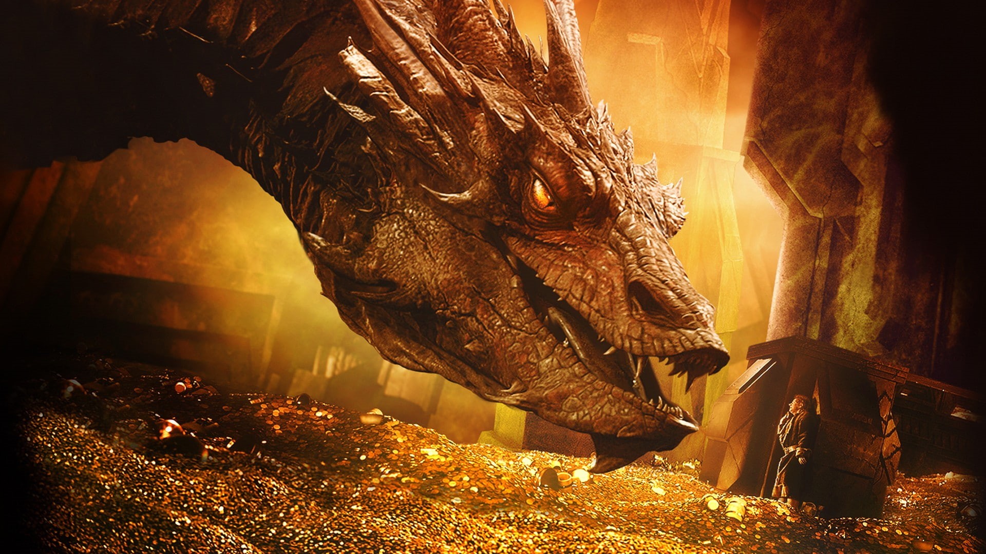 dragin, The Hobbit: The Desolation of Smaug, hobbit, the dragon, 1080P, gold, Smaug, desolation, HD Wallpaper