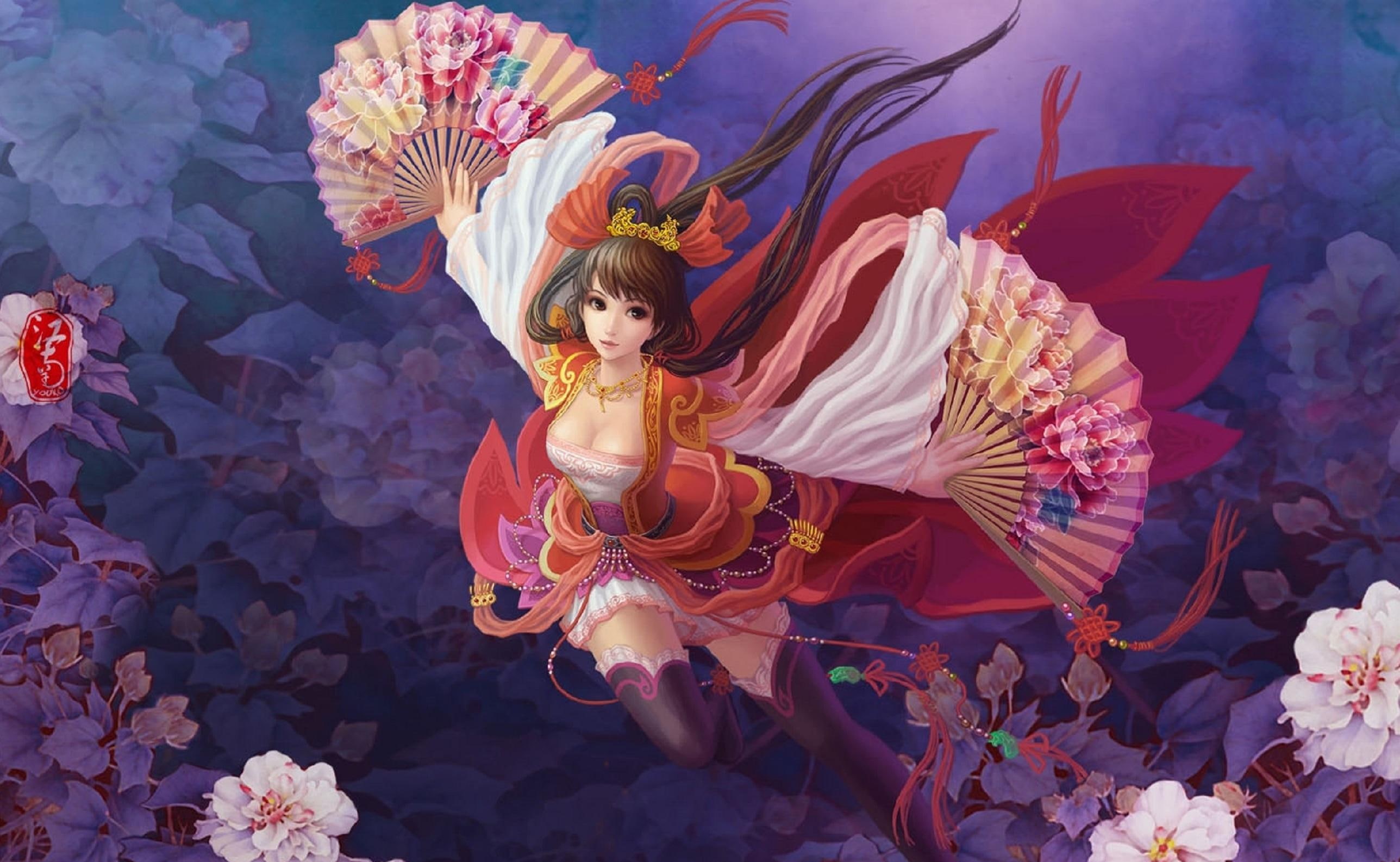 fans, beauty, digital, girl, woman, nice, oriental, beautiful, 2K, fantasy, dancer, colorful, fine, HD Wallpaper