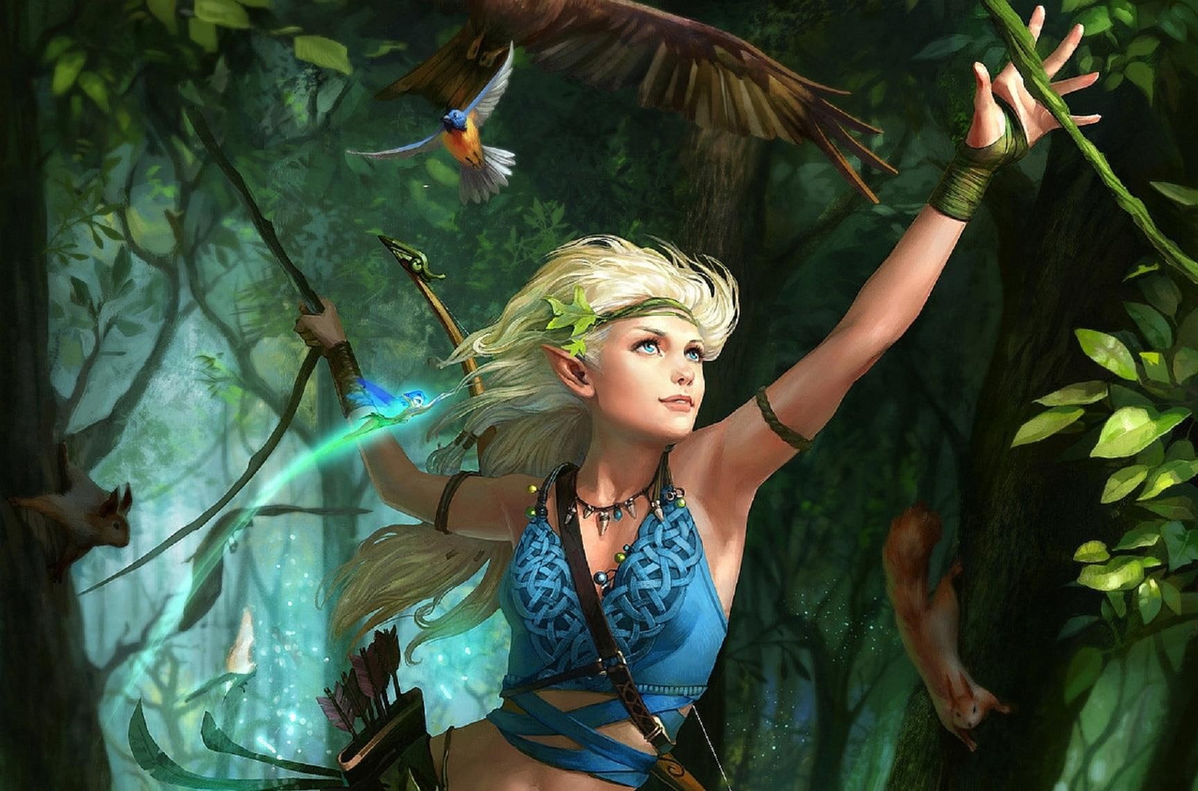 beautiful, woman, nice, lovely, green, forest, girl, digital, birds, jungle, fantasy, 720P, elf, HD Wallpaper
