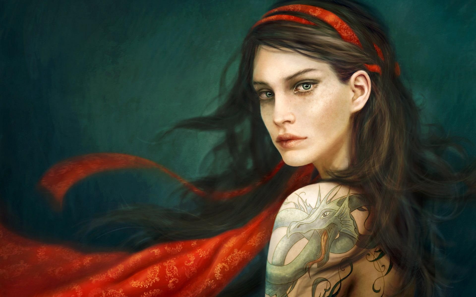 mystery, painting, tatoo, ribbon, hair, beautiful, gothic, digital, tie, woman, tattoo, red, fantasy, 1080P, dragon, amazing, HD Wallpaper