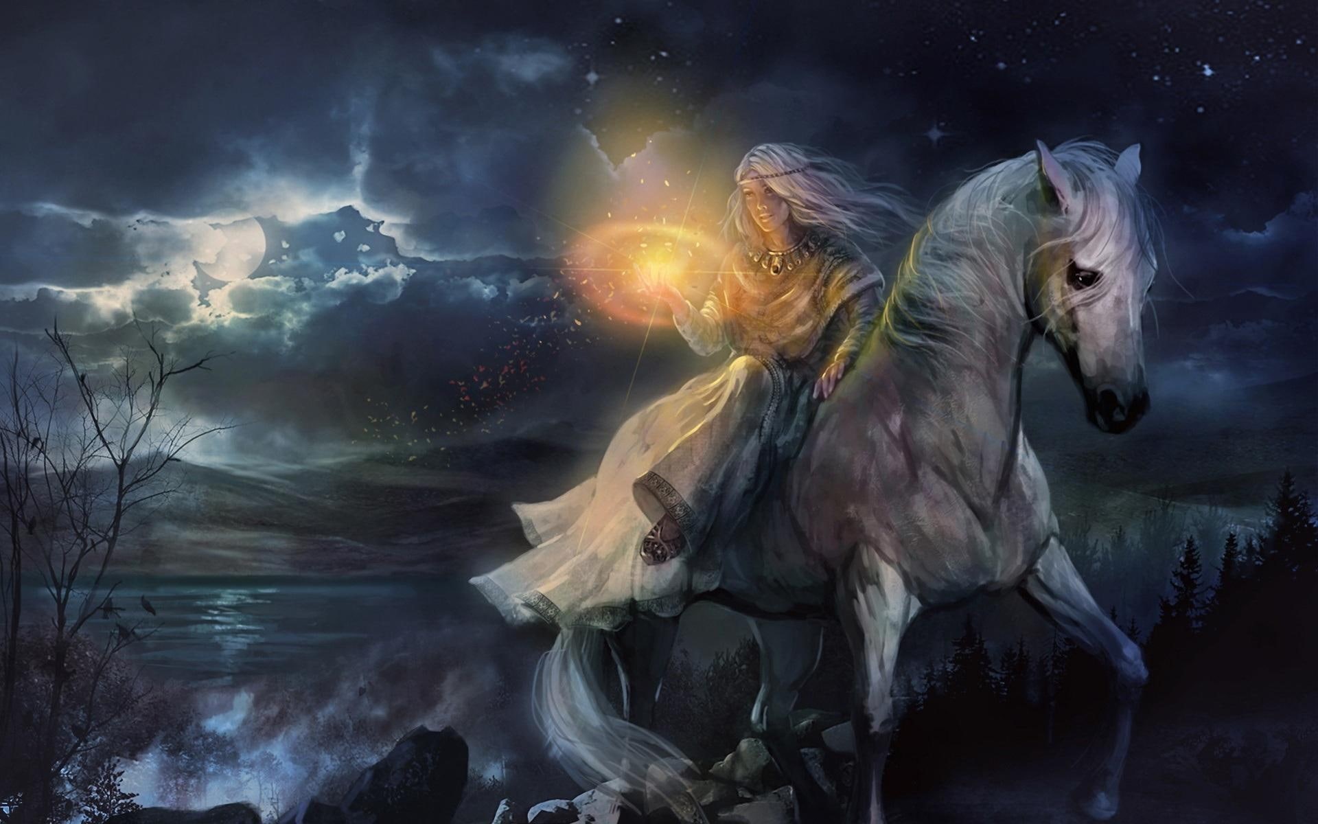 horseback, fine, rider, riding, 1080P, beauty, illustration, fantasy, horse, storm, digital, girl, beautiful, woman, hair, blue, nice, white, night, HD Wallpaper