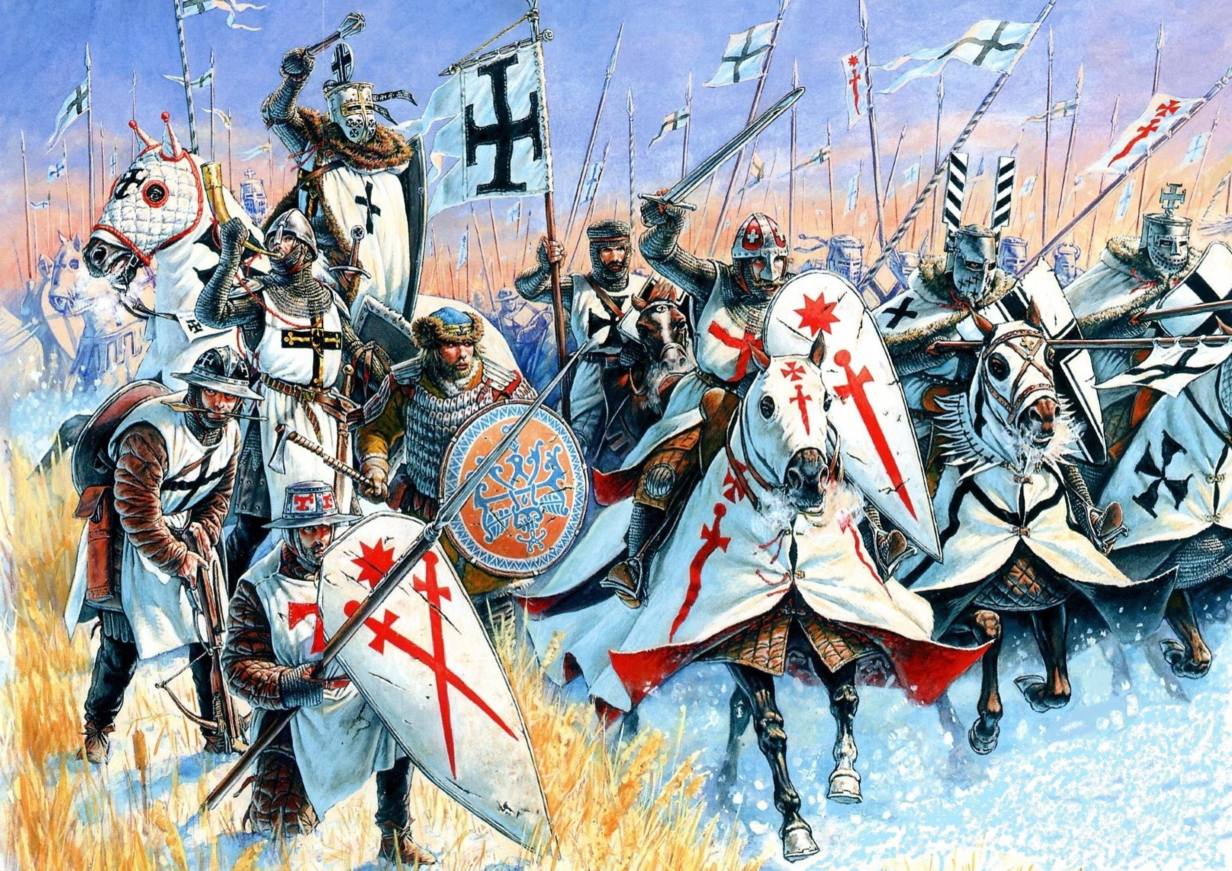 weapons, master, attack, blankets, 1080P, leggings, crossbowman, hats, white cloaks, black, cross, the standard-bearer, art, 13th century, bollard-trumpeter, HD Wallpaper