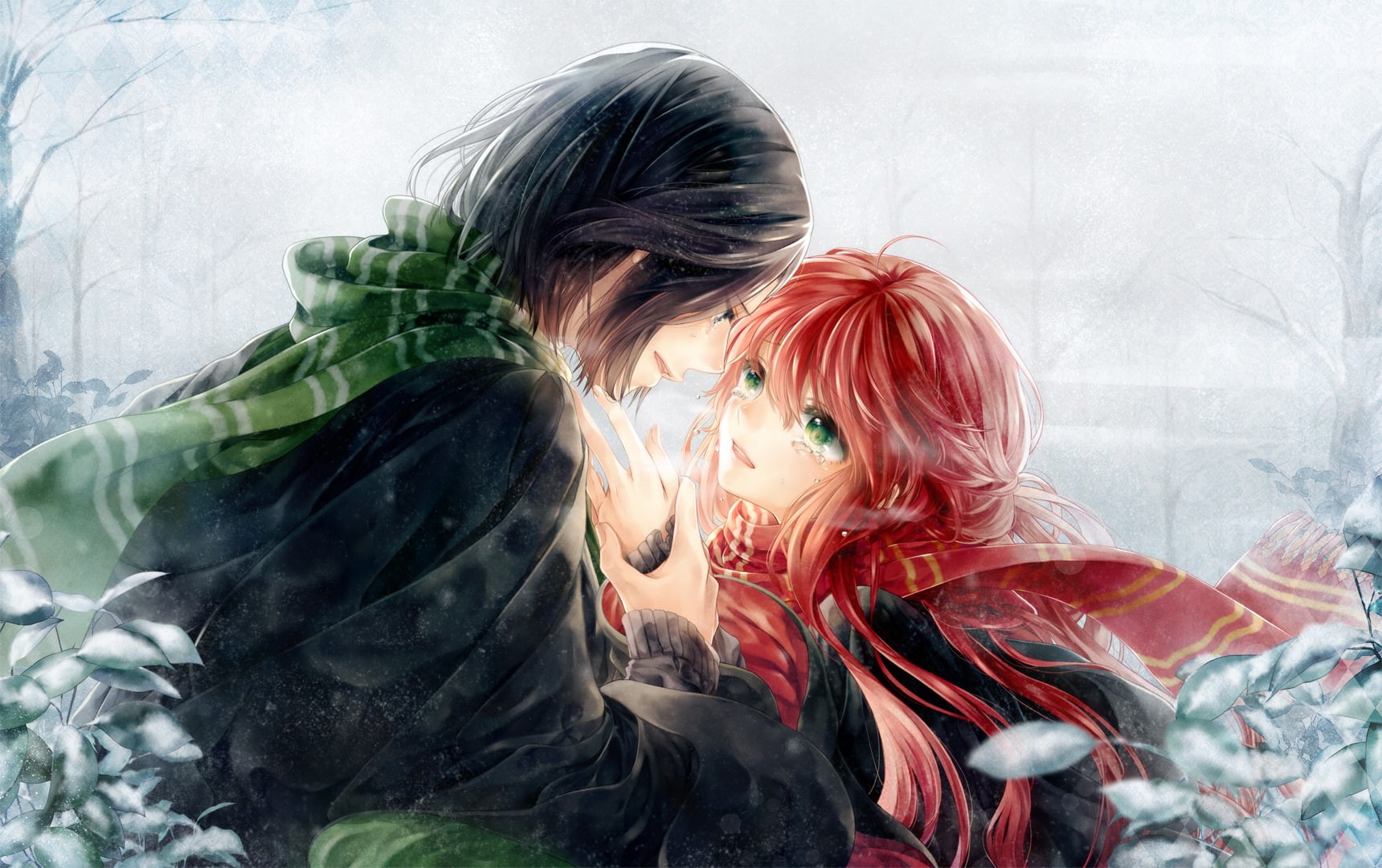 720P, red, lily, harry, severus, hair, eyes, winter, tree, black, snape, meiriel, green, potter, evans, tears, snow, HD Wallpaper