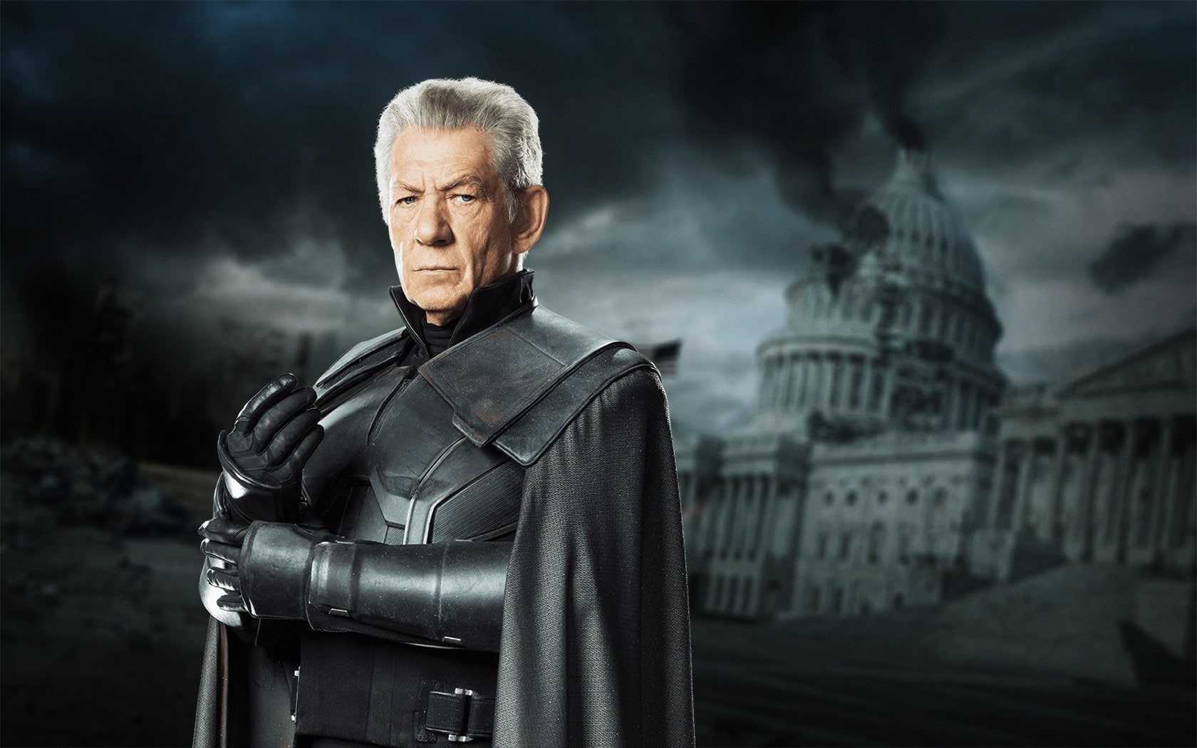 dark, focus on foreground, city, architecture, portrait, men, 720P, built structure, adult, contemplation, one person, gray hair, mature adult, Ian McKellen, HD Wallpaper