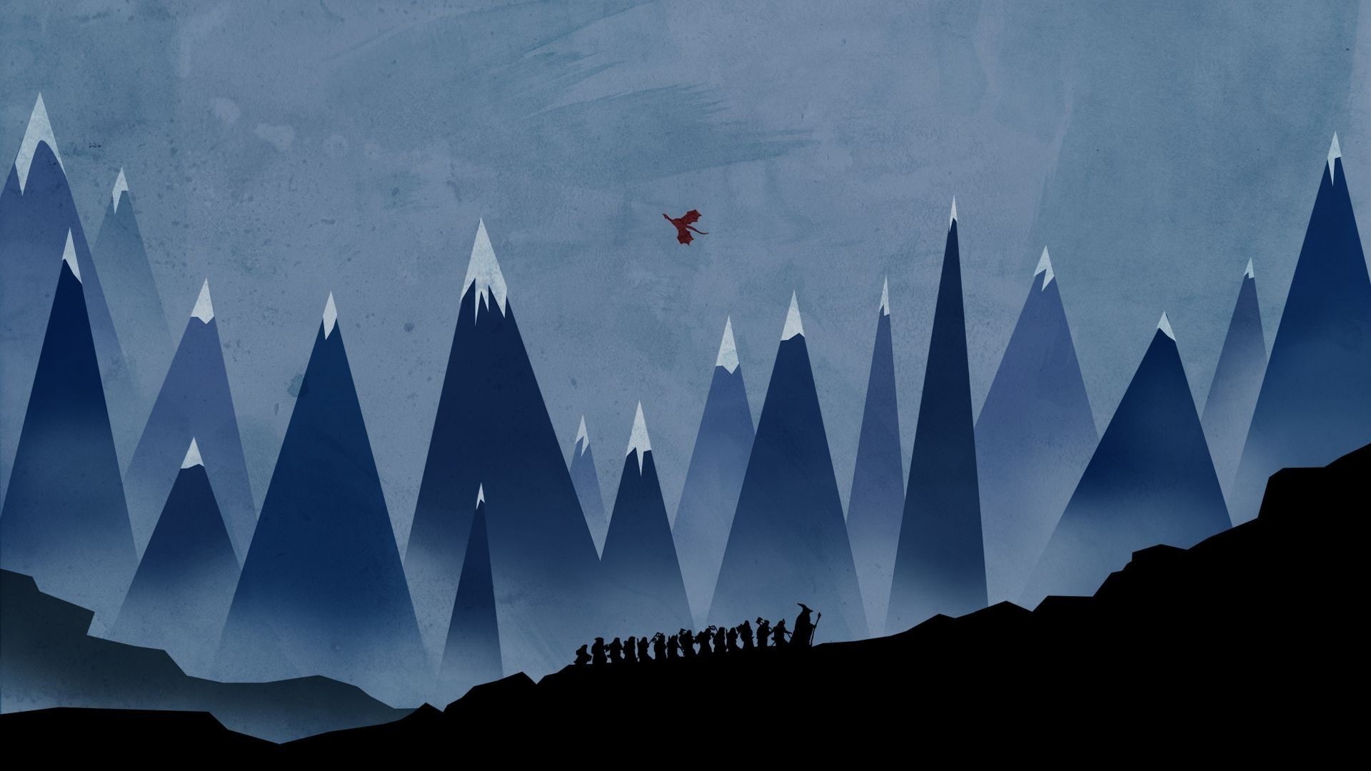 mountains, dragon, silhouette, artwork, 1080P, fantasy art, Gandalf, The Hobbit, Smaug, abstract, minimalism, HD Wallpaper