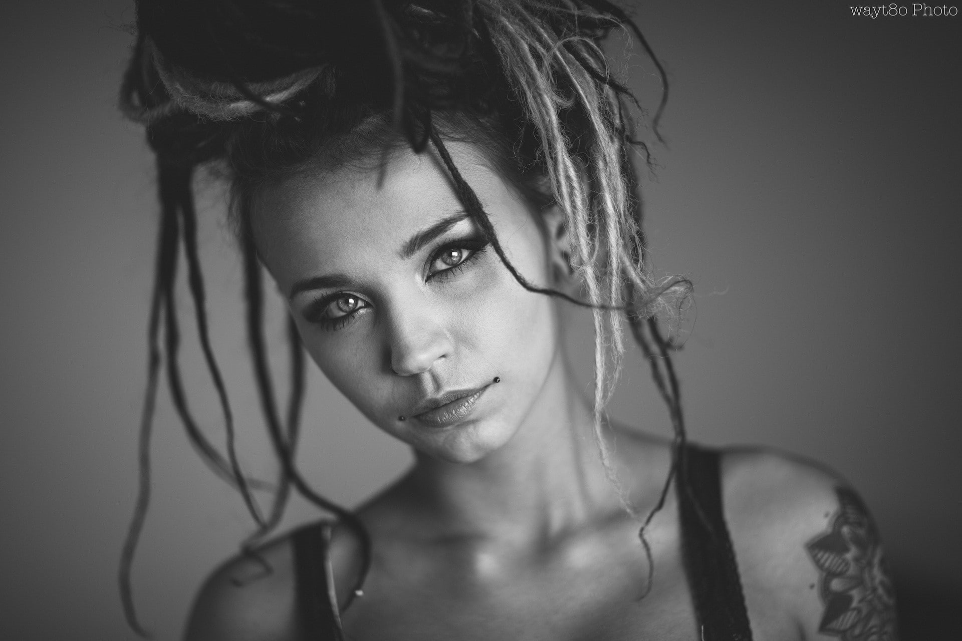 tattoo, 1080P, long hair, women, monochrome, face, piercing, Fishball Suicide, HD Wallpaper