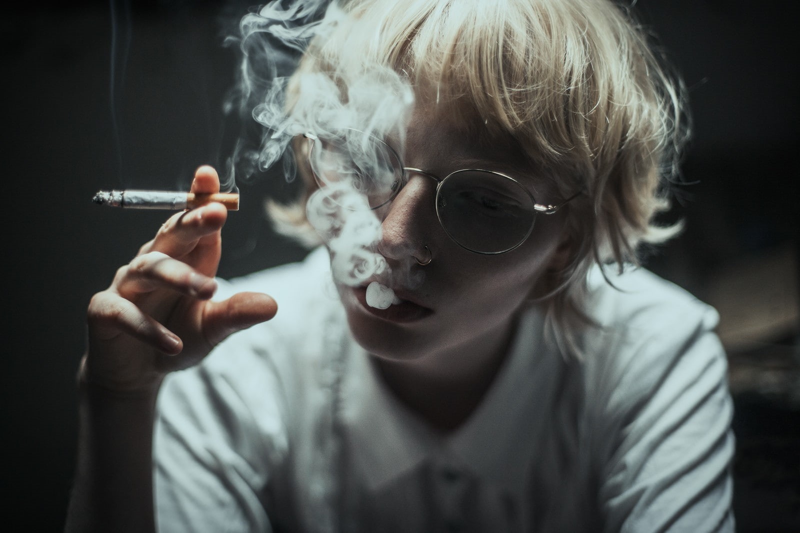 women, 720P, cigarettes, short hair, blonde, women with glasses, glasses, nose rings, smoking, HD Wallpaper