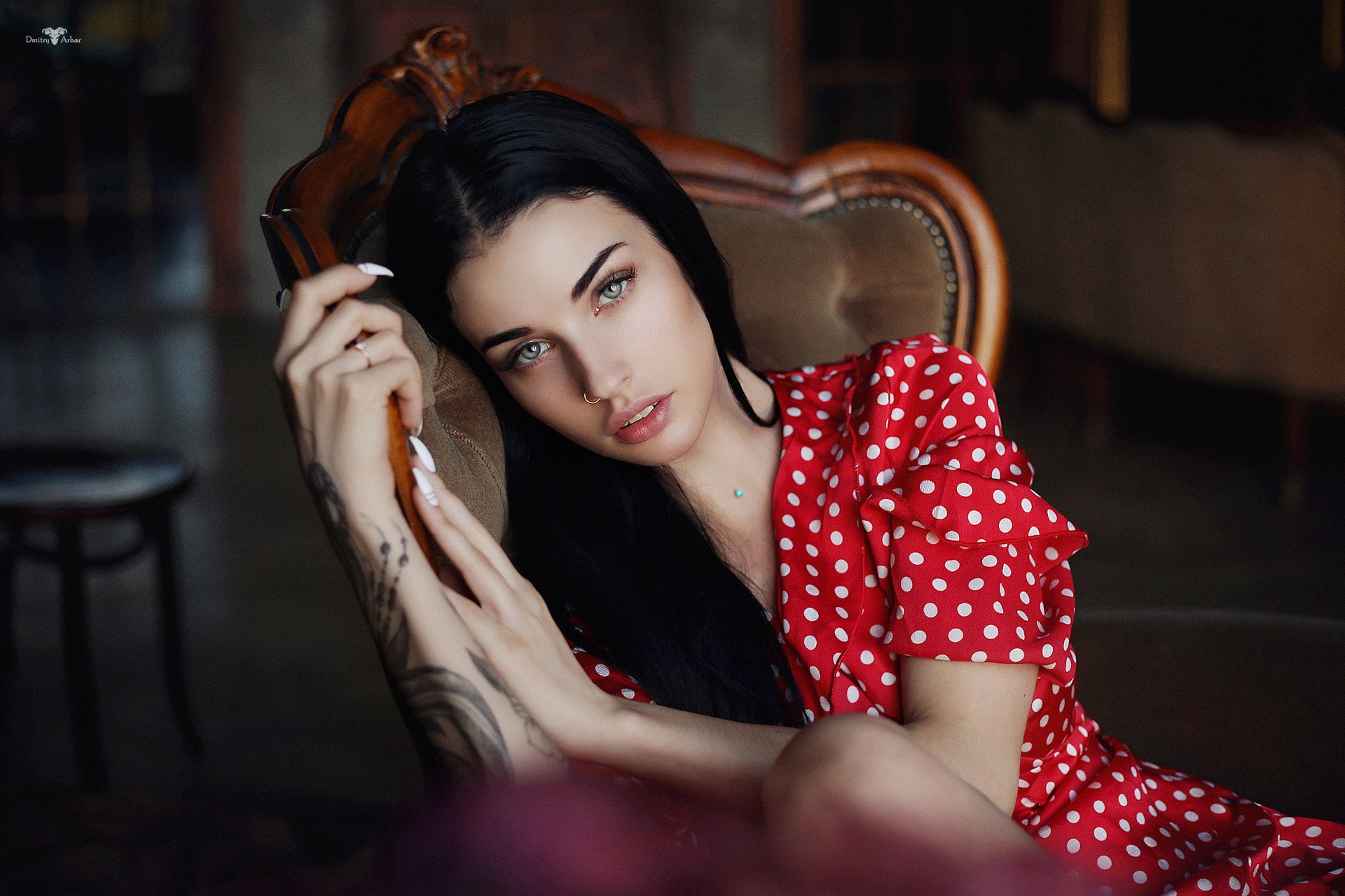 waist up, clothing, tattoo, 1080P, young women, Alla Berger, fashion, Dmitry Arhar, polka dots, young adult, nose ring, red dress, beauty, brown hair, HD Wallpaper