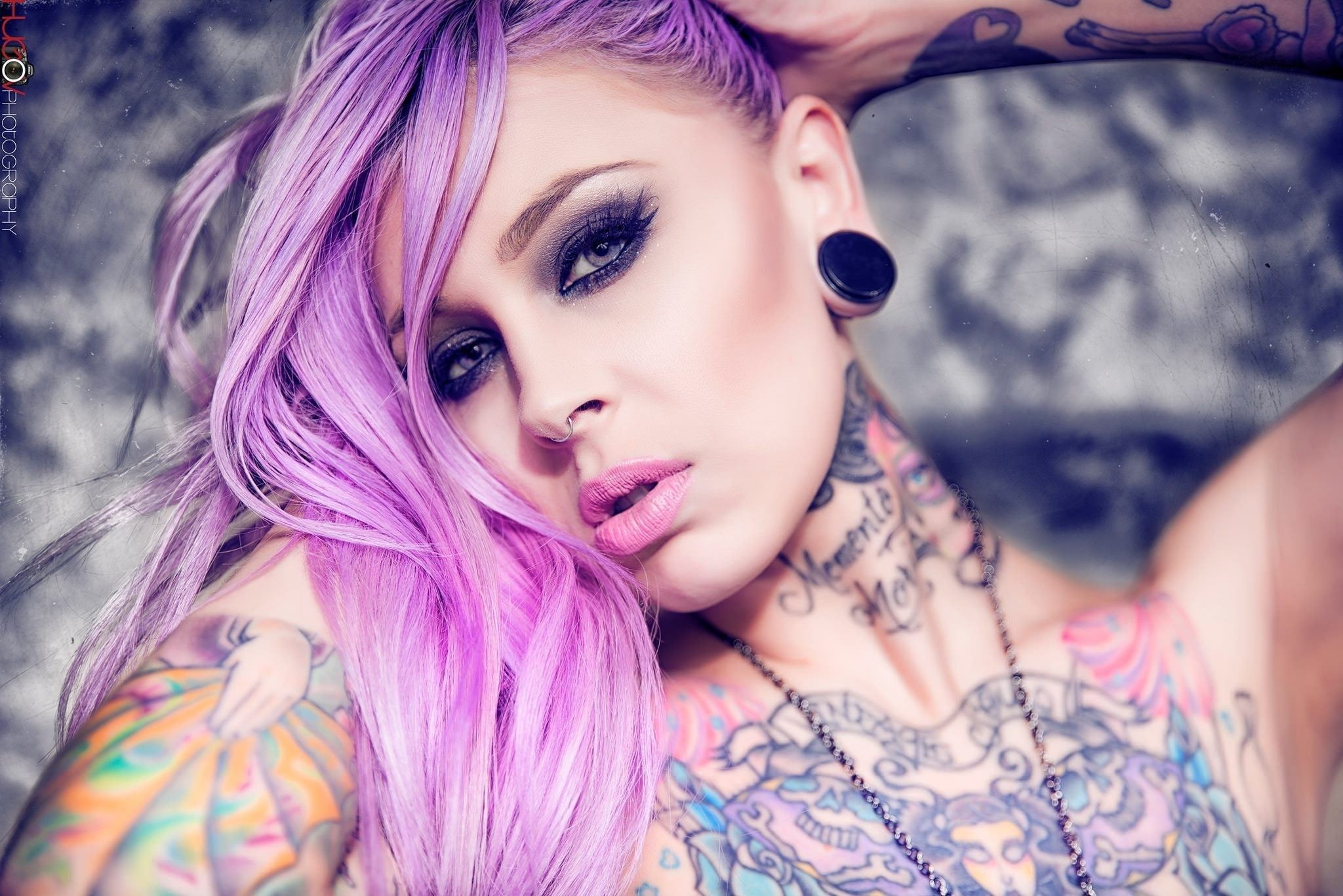 black, portrait, hair, emily, 1080P, woman, earrings, nose rings, 2048x1367, emily dear-heart, heart, rings, tattoo, dyed, dear, dyed hair, nose, HD Wallpaper