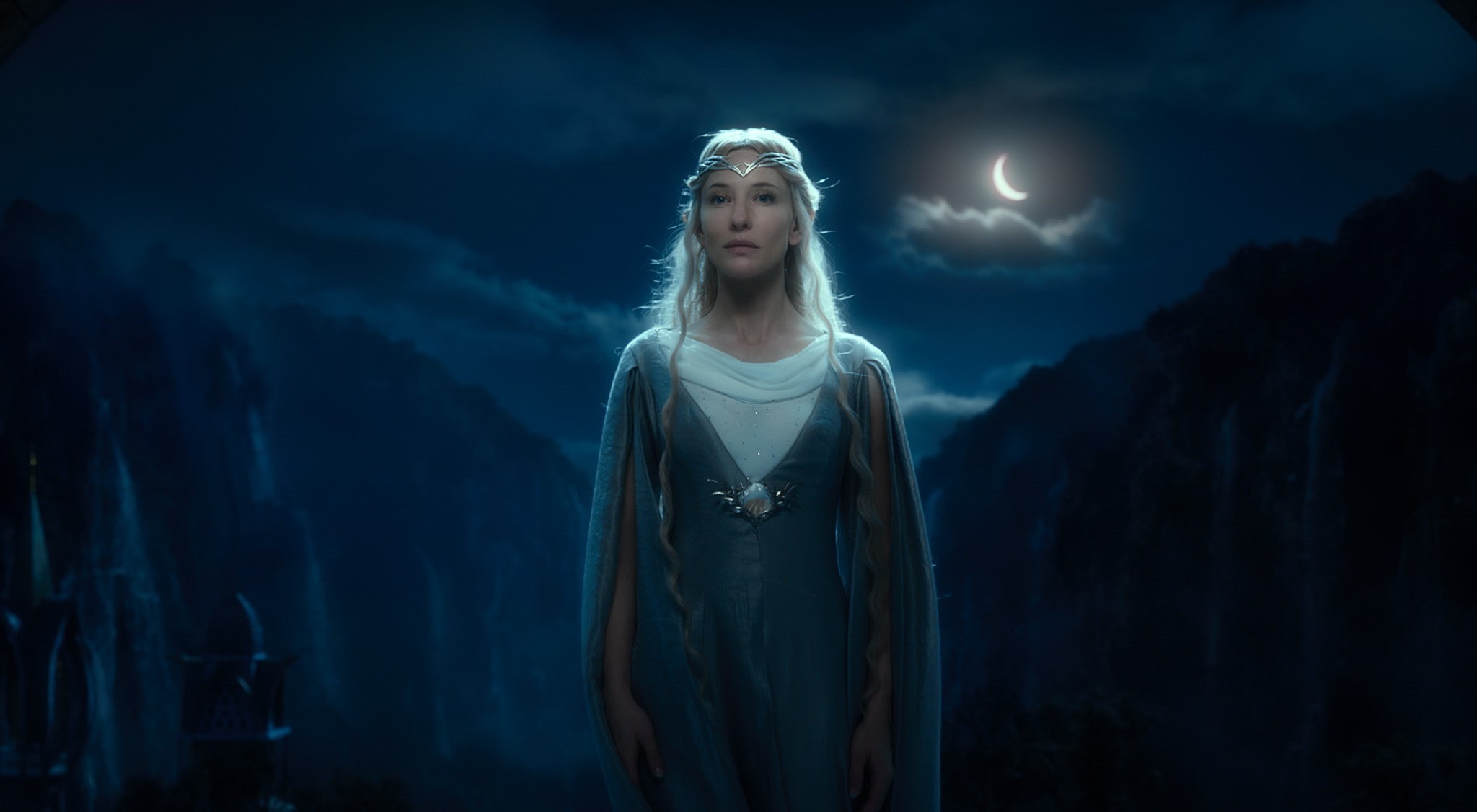 standing, contemplation, young adult, looking, night, front view, blond hair, sky, nature, fashion, adult, dark, hairstyle, fantasy art the lord of the rings the fellowship of the ring blonde elves moonlight galadriel cate blanchett, HD Wallpaper