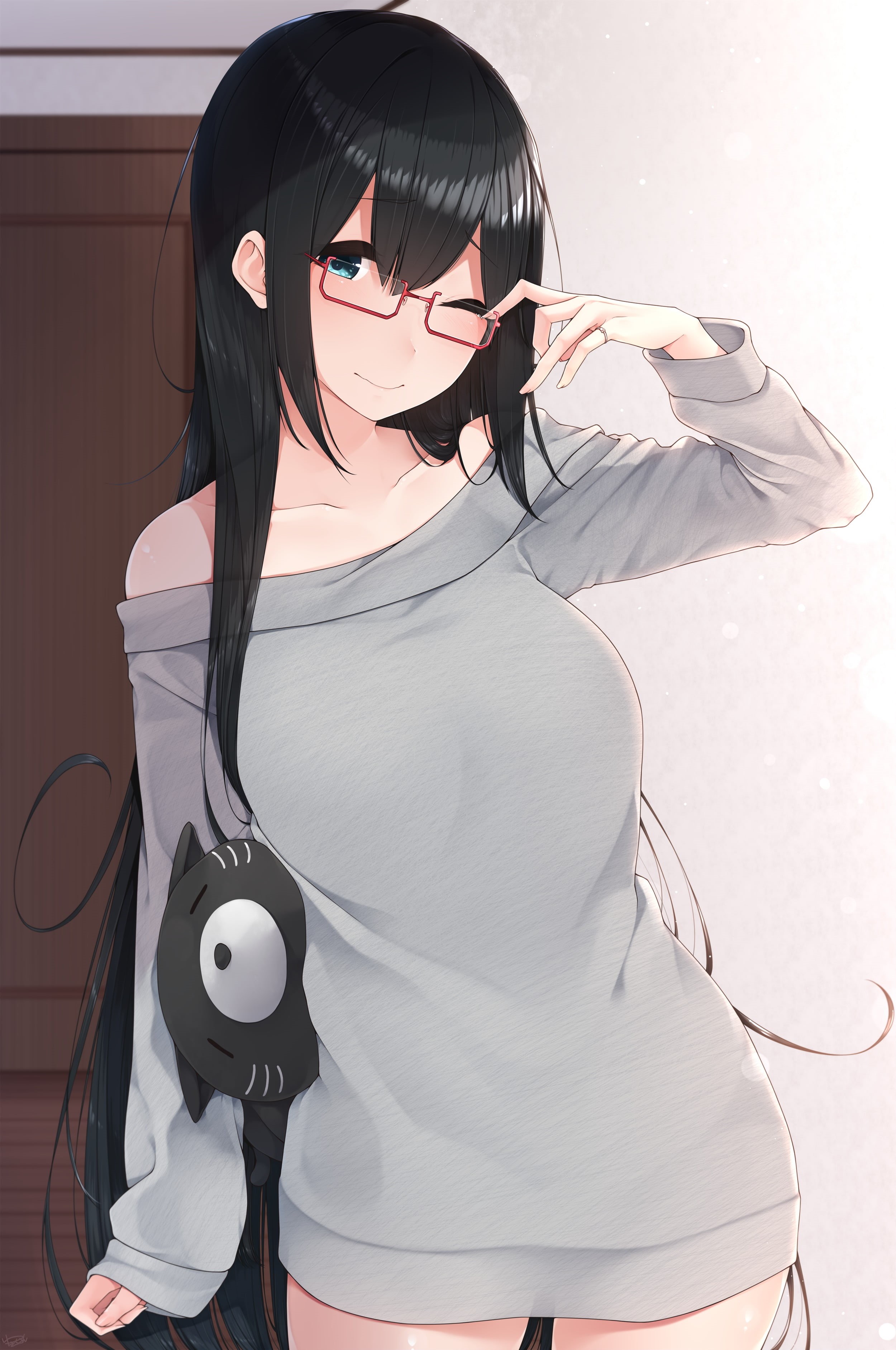one person, glasses, haired, beauty, girl, door, illustration, original characters, blue eyes, sweater, stuffed animal, blushing, smiling, women, technology, Phone HD Wallpaper