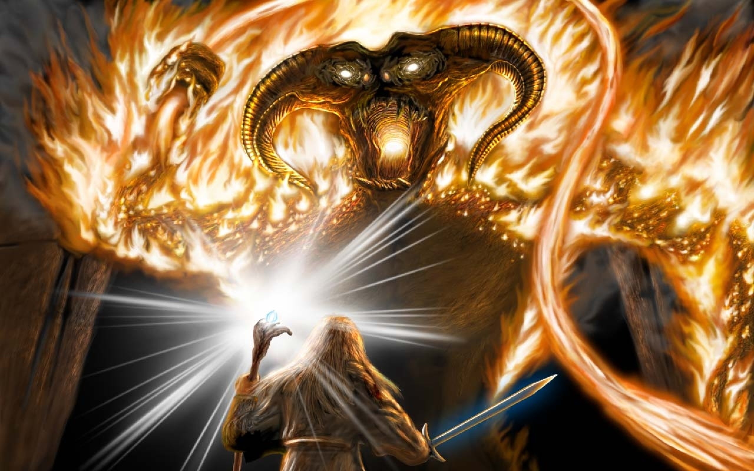 battle, staff, Balrog, The Lord of the Rings, sword, Moria, 2K, art, Gandalf, HD Wallpaper