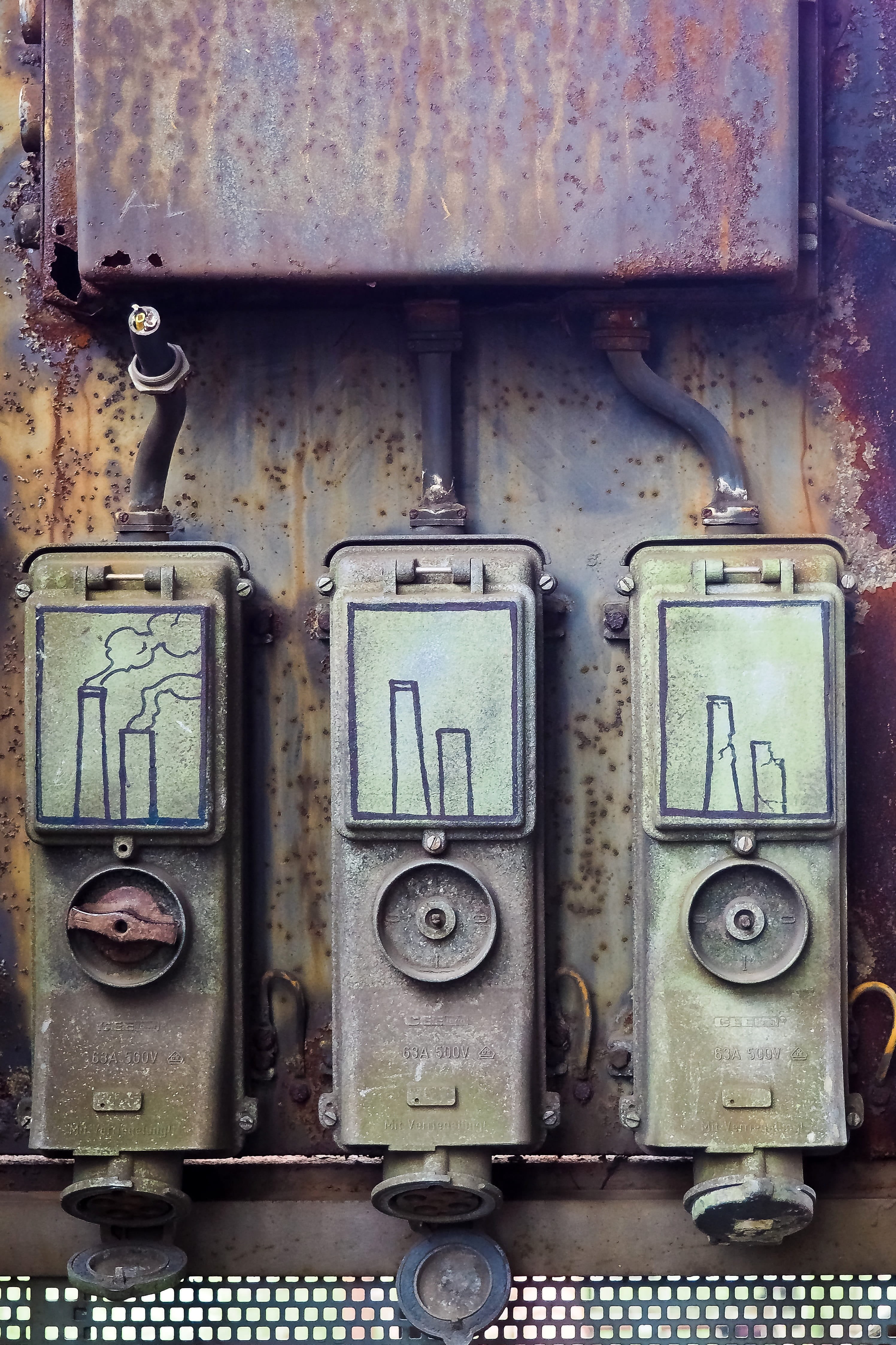 factory building, graffiti, art, turn on, turn, factory, mechanics, industrial heritage, box - container, ruhr area, power supply, no people, switch, north landscape park, Phone HD Wallpaper