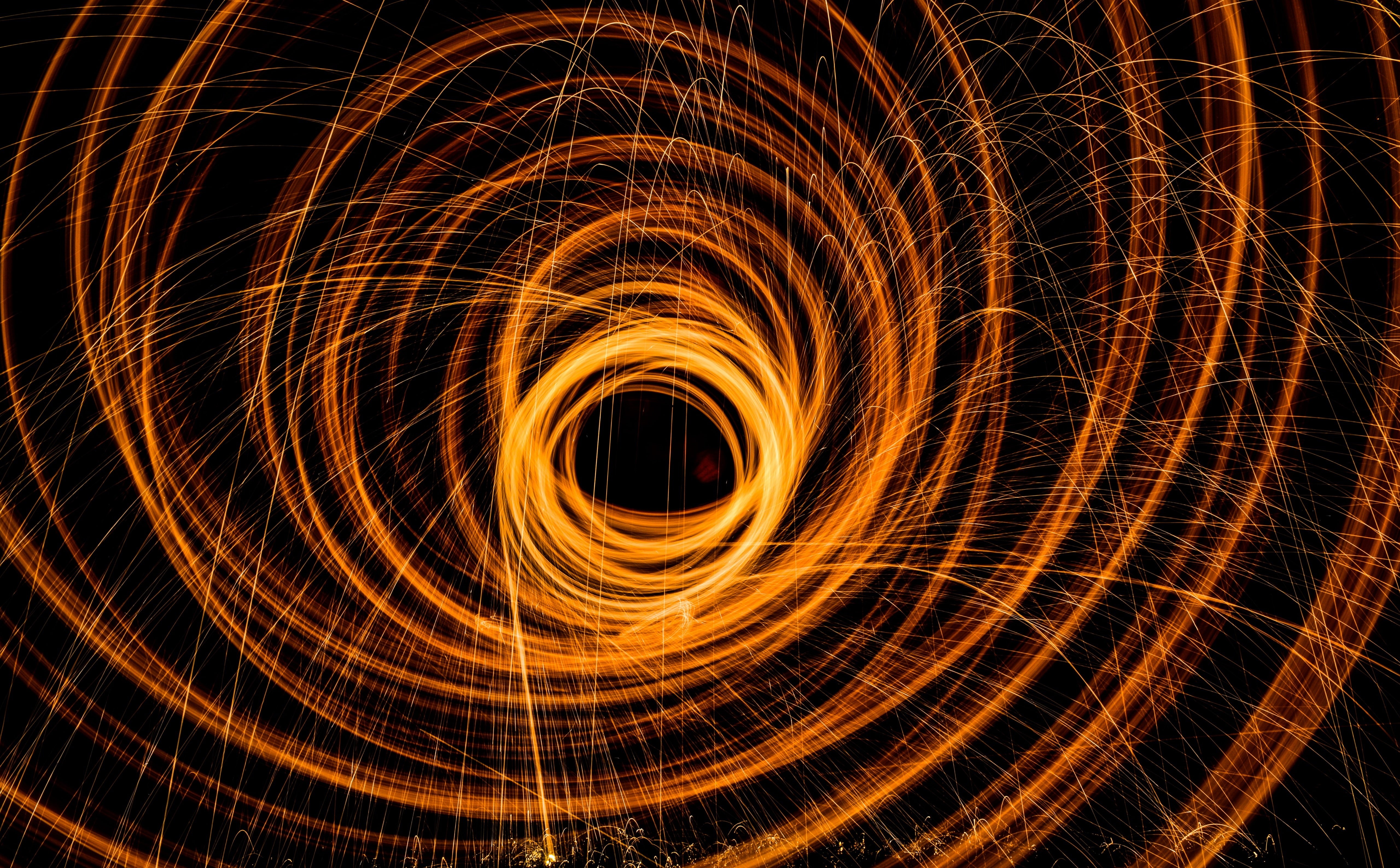 night, geometric shape, sparks, no people, Long, blurred motion, speed, fire - natural phenomenon, glowing, wire wool, Photo, Black, spiral, shape, nature, HD Wallpaper