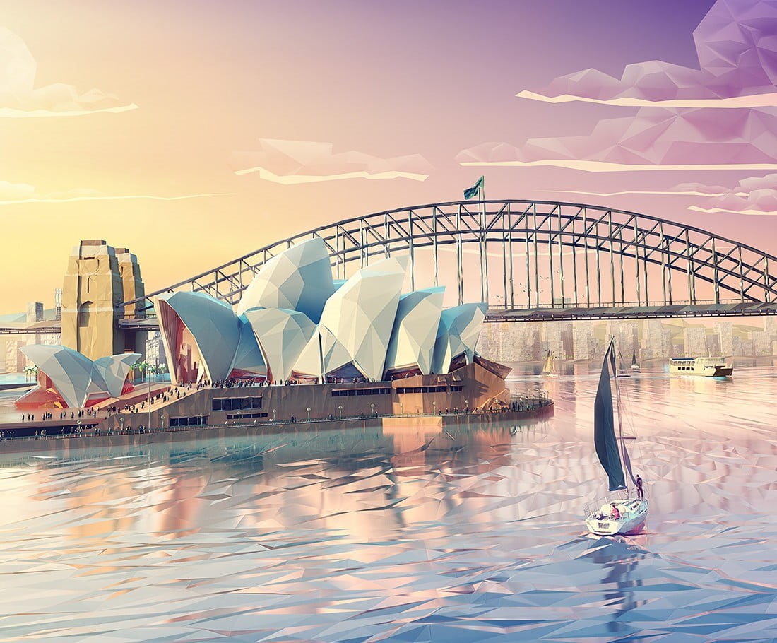 ship, Mateusz Szulik, architecture, nature, iron, travel destinations, reflection, sky, outdoors, Sydney Opera House, Sydney, building exterior, painting, HD Wallpaper